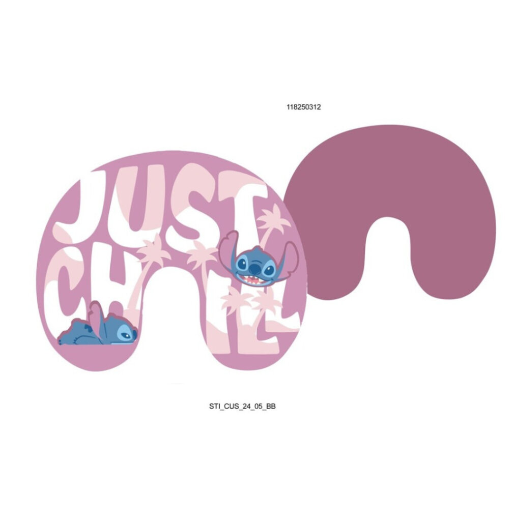 Ein Reisekissen mit Stitch, Text 'JUST CHILL'. Das Kissen ist rosa und lila. Stitch ist blau. Weißer Hintergrund.