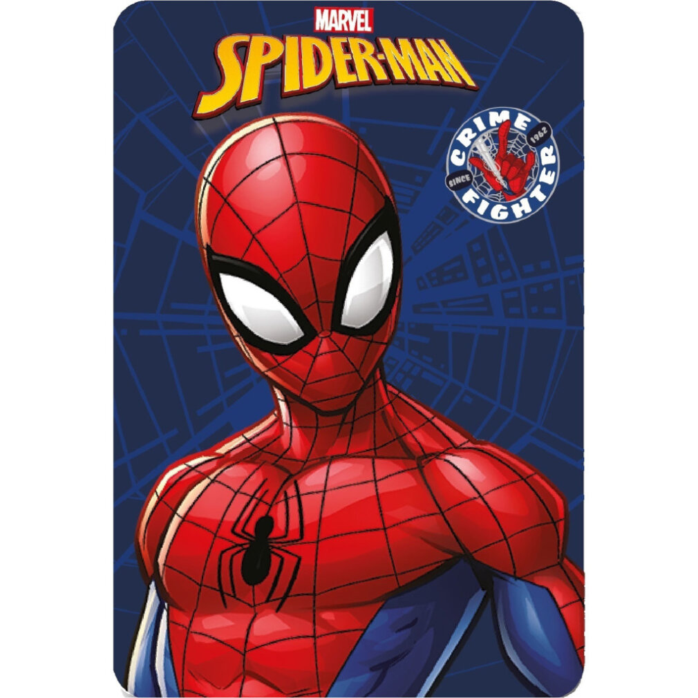 Spider-Man-Poster. Roter und blauer Anzug, weiße Augen, schwarzes Spinnensymbol und blauer Hintergrund mit Spinnennetz.