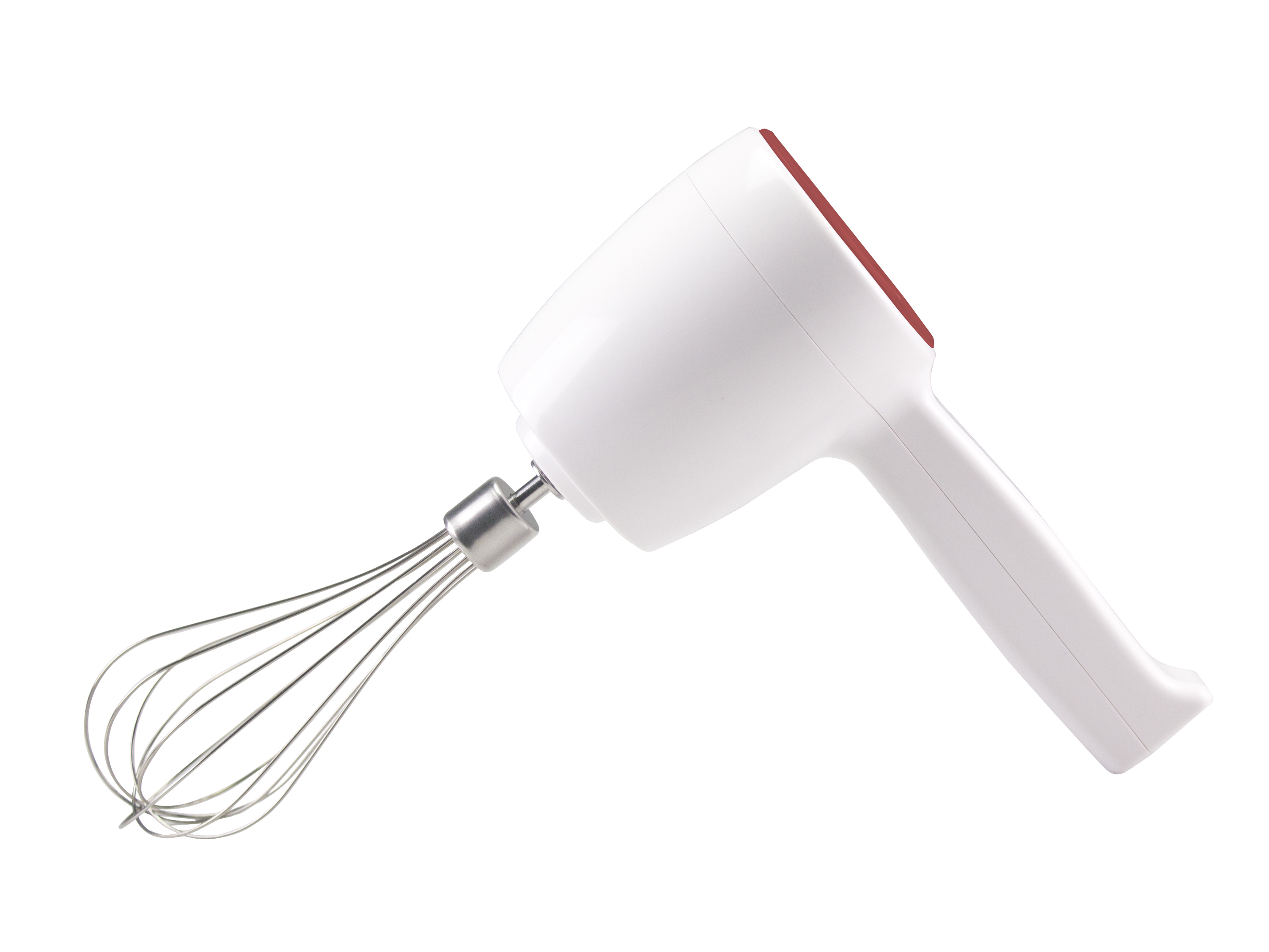 Un frullatore a mano bianco e rosso, con accessorio frusta in acciaio inox, isolato su sfondo bianco.
