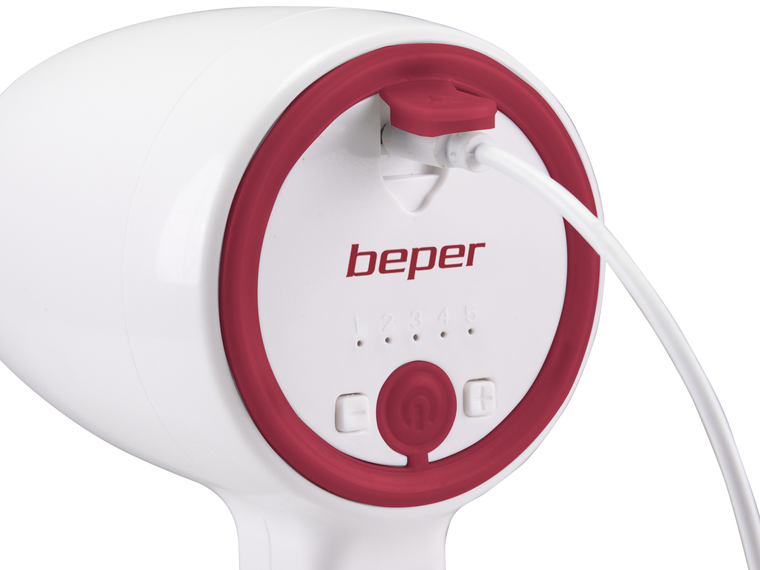 Dispositivo Beper bianco e rosso con cavo di ricarica inserito. Ha pulsanti di accensione e livello.