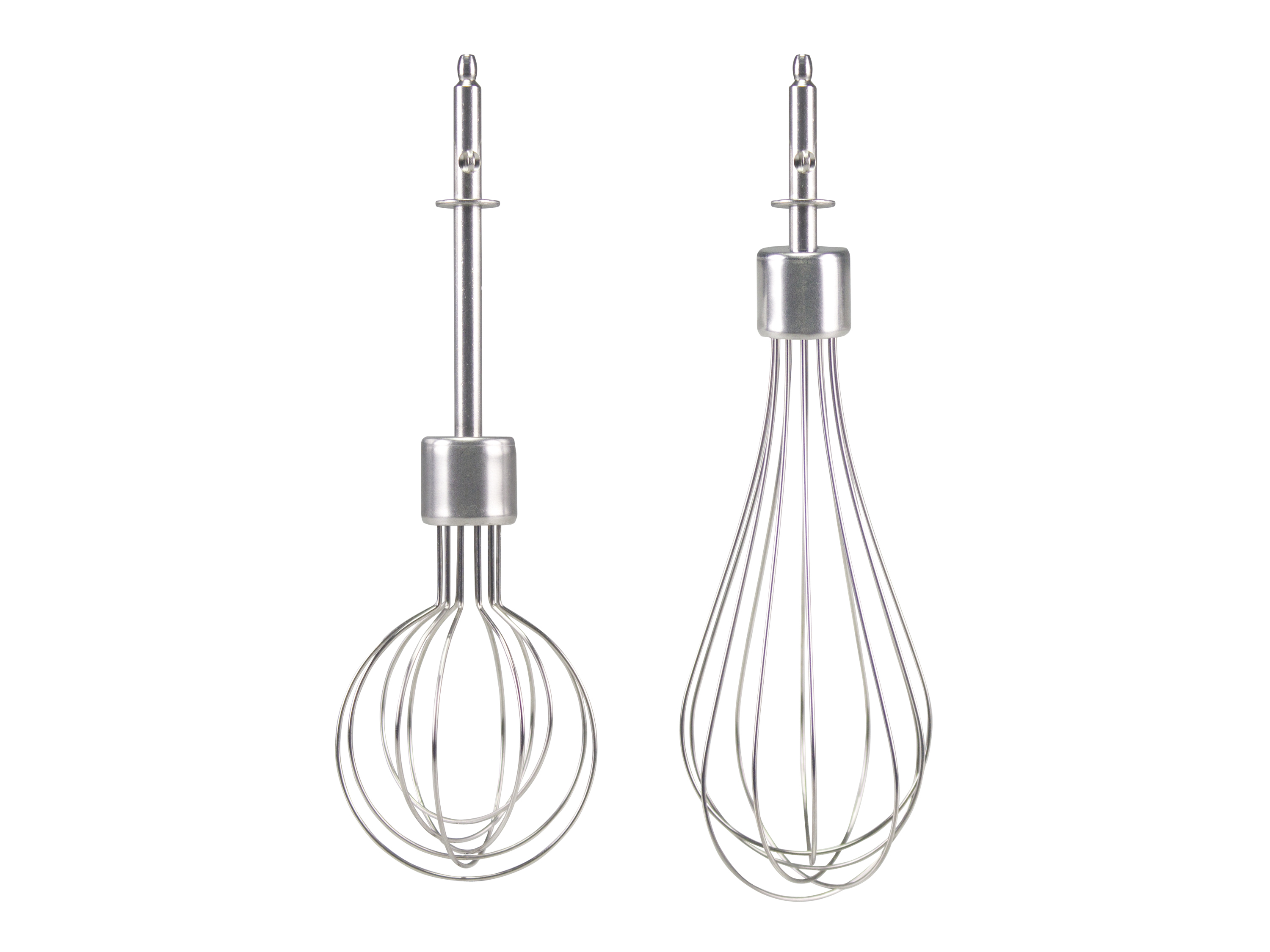 Due fruste metalliche su sfondo bianco. Una è una frusta a palloncino, l'altra ha una forma circolare.