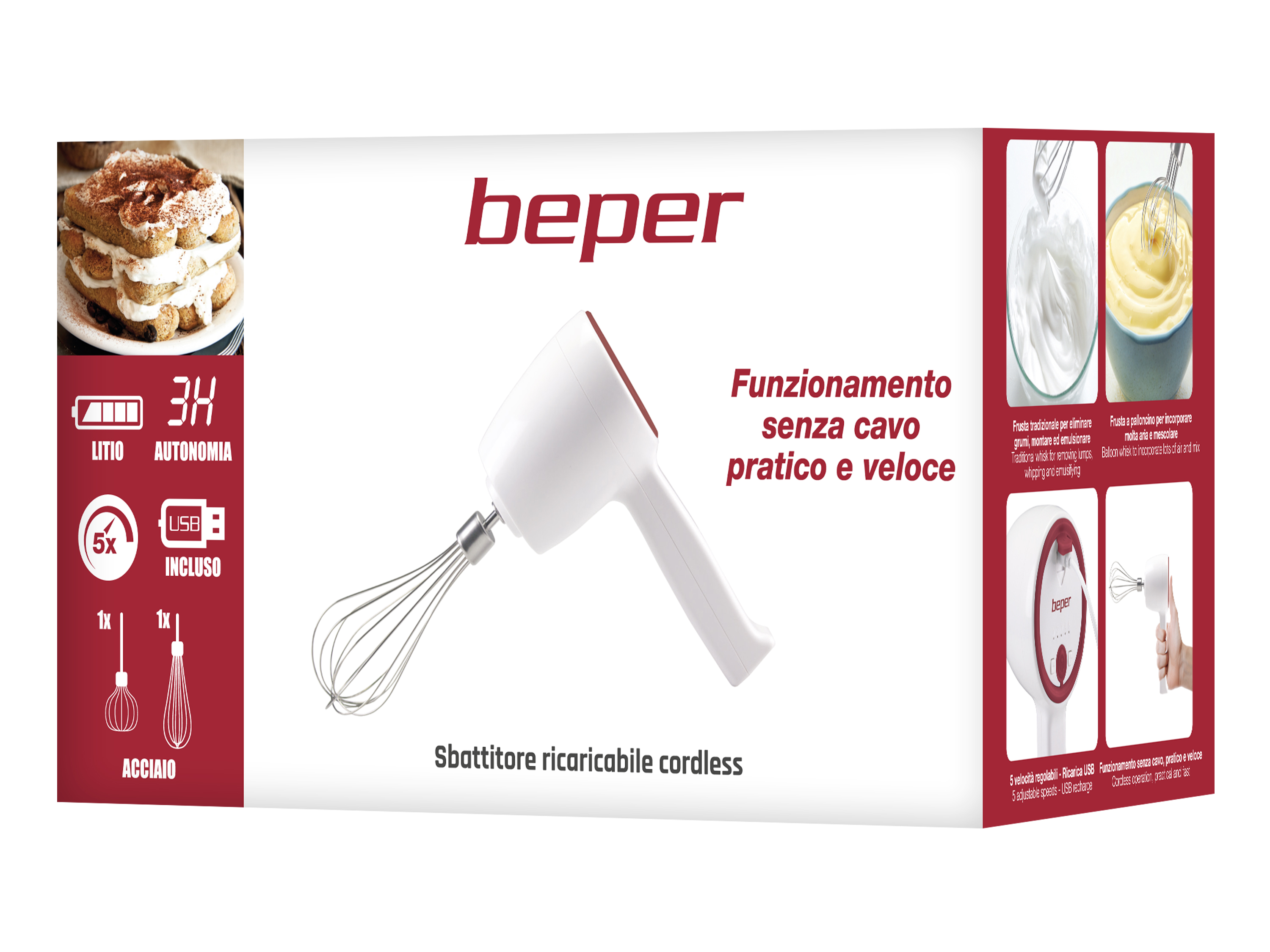 Un mixer cordless bianco e rosso con fruste. Il testo dice 'beper' e 'funzionamento cordless'.