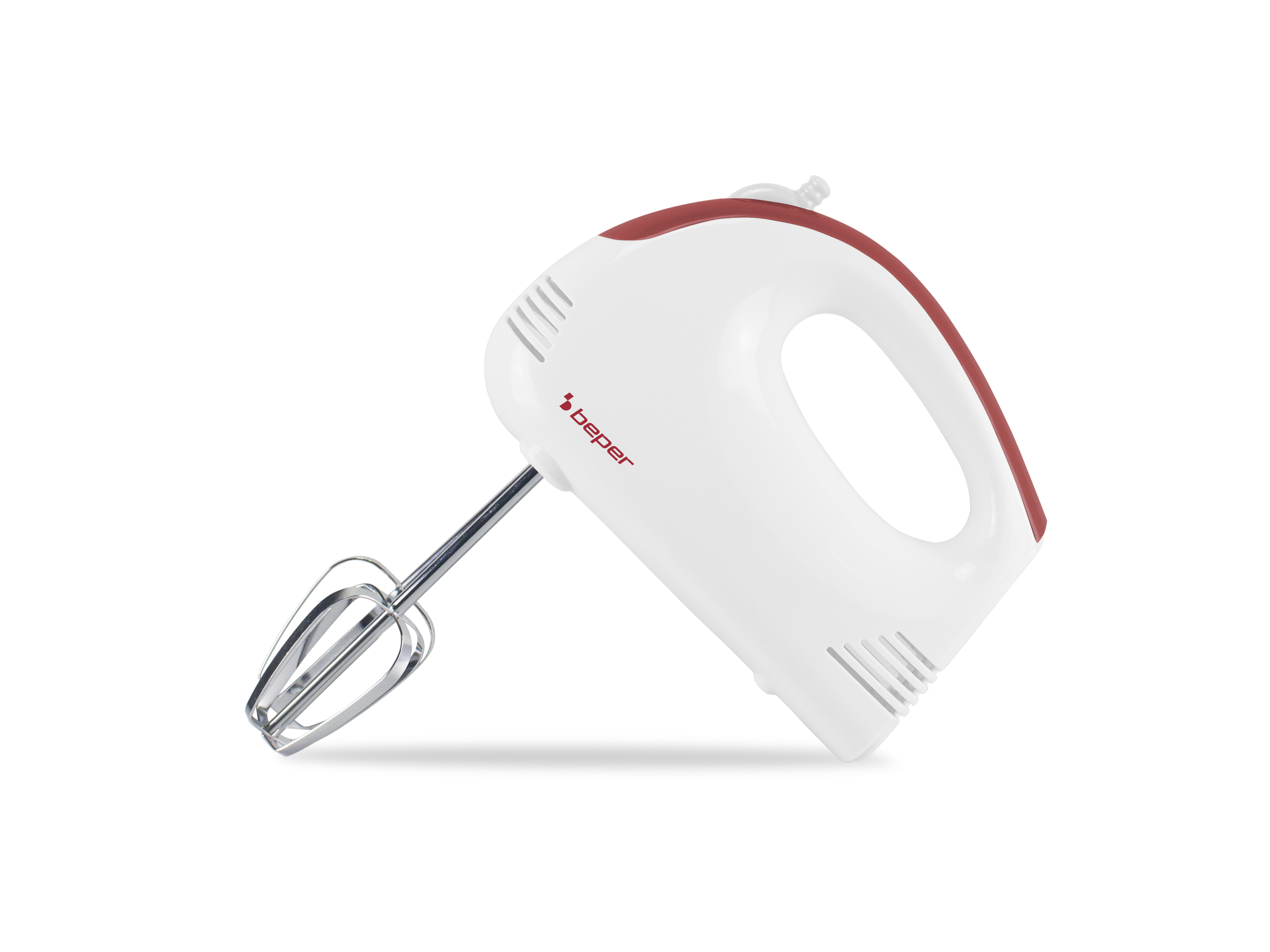 Un frullatore a mano bianco e rosso su sfondo bianco. Il marchio è Beper.
