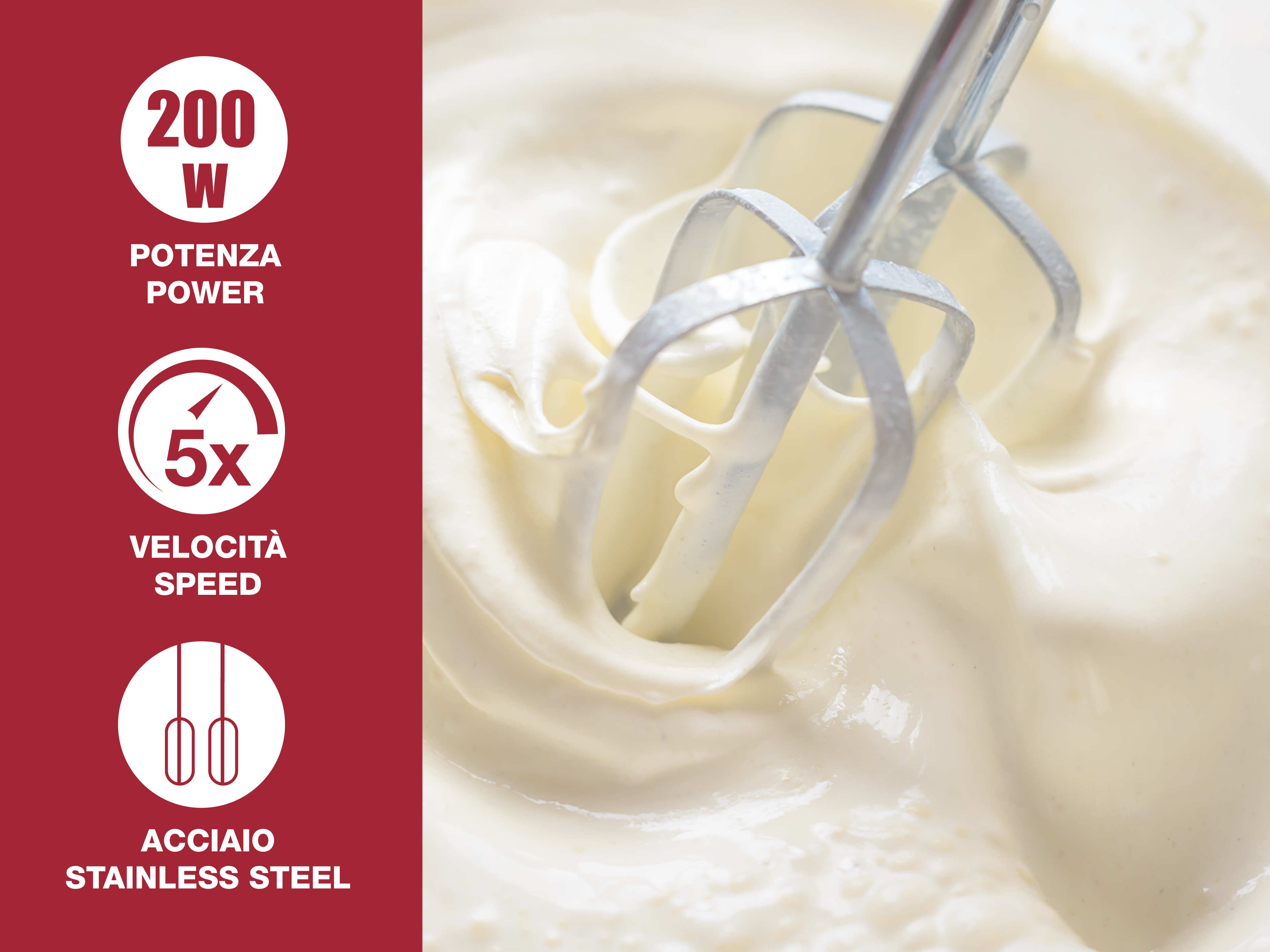 Un mixer che mescola la panna. Mixer in acciaio inox nella panna bianca. Barra rossa a sinistra mostra potenza e velocità.