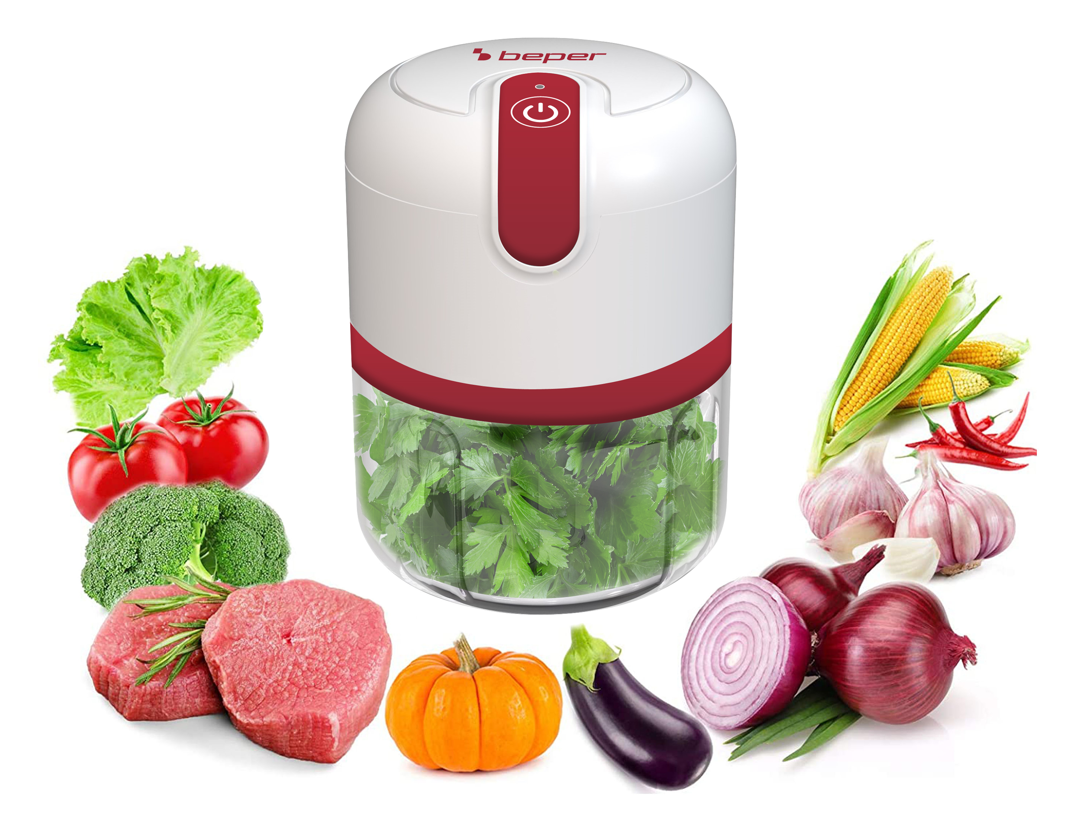 Un robot da cucina con verdure e carne intorno. Include pomodori, broccoli, zucca, melanzane e cipolle.