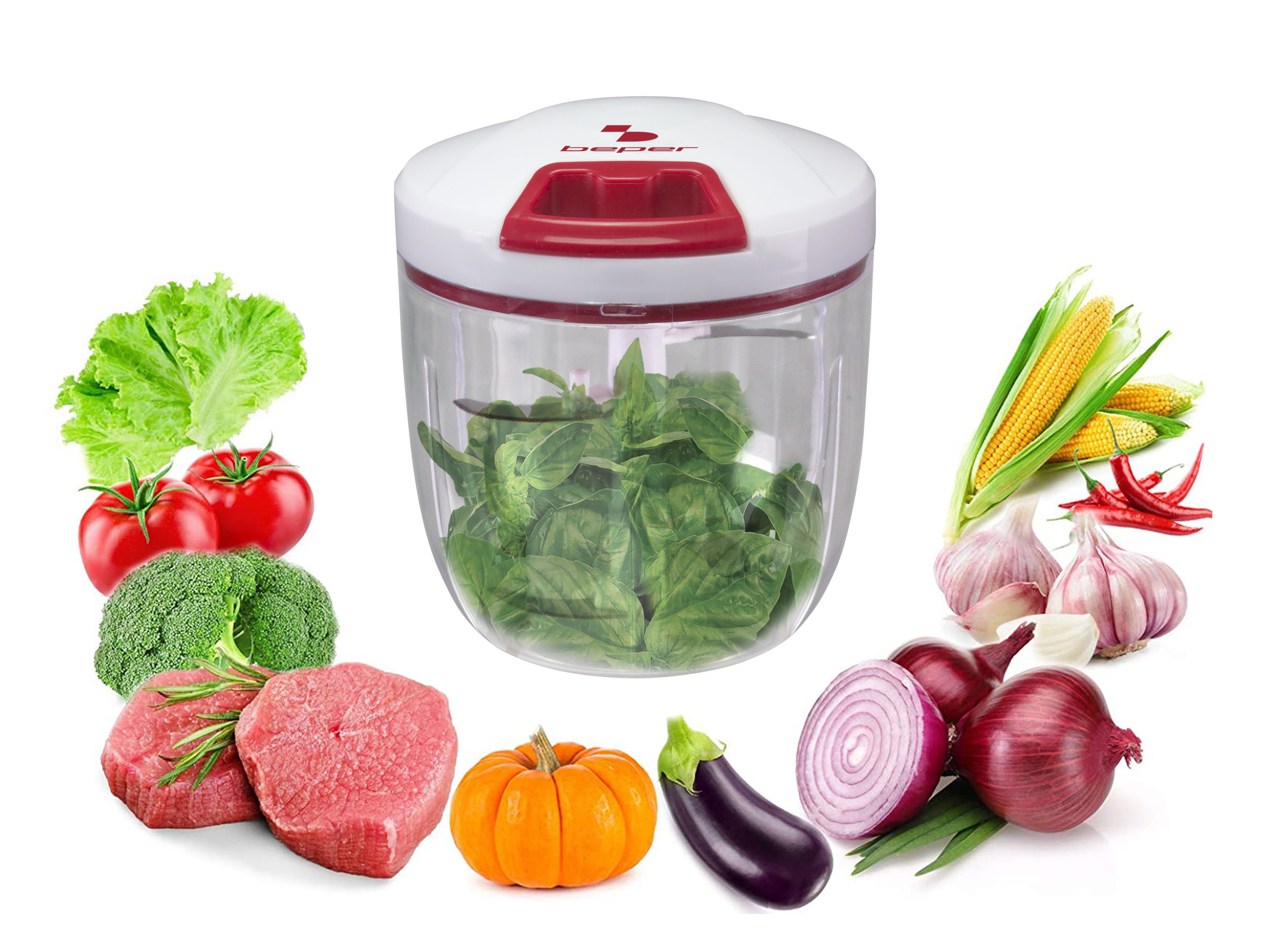 Un robot da cucina circondato da verdure come pomodori, broccoli, cipolle, mais, aglio, melanzane e zucca.