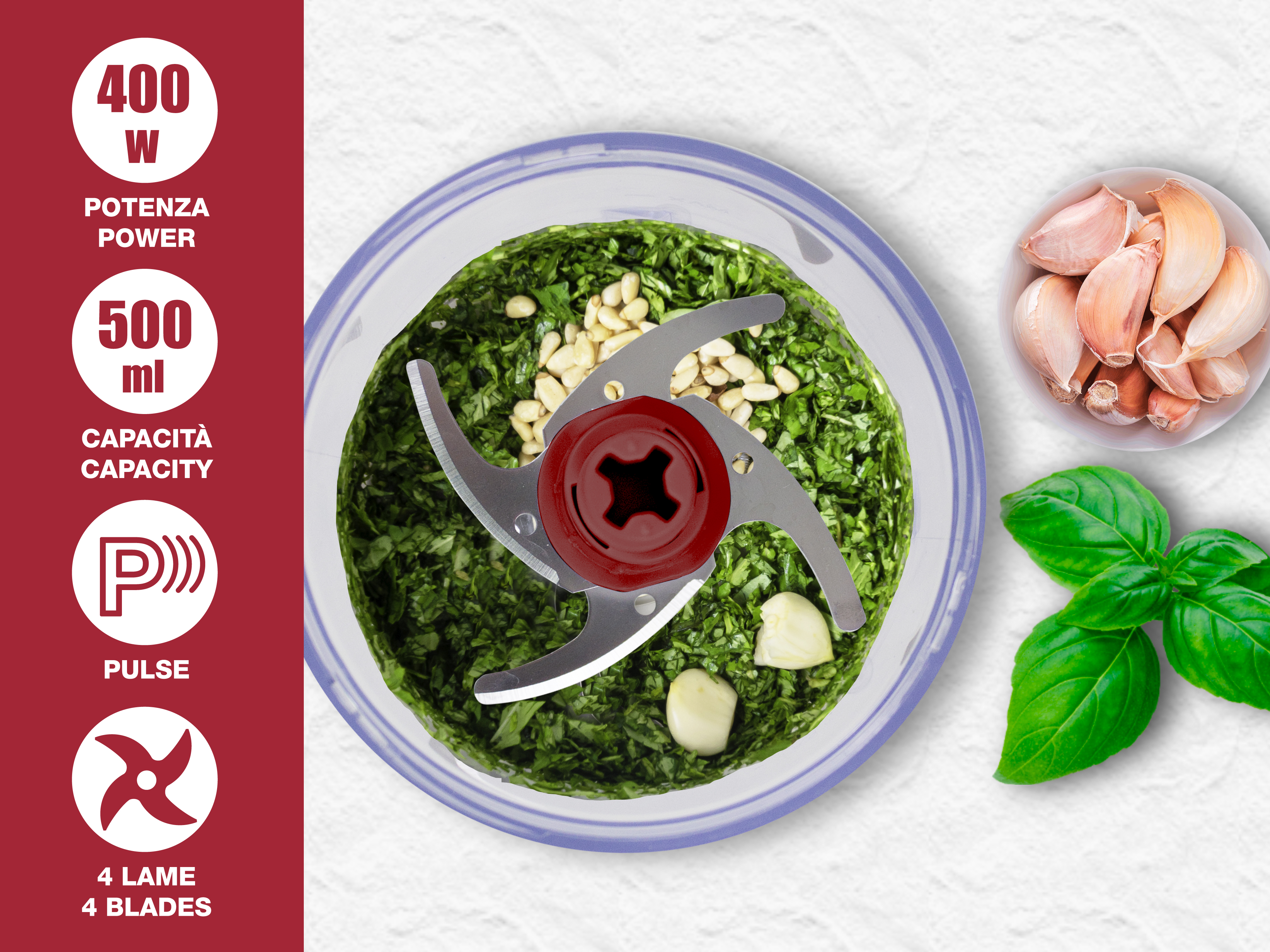 Robot da cucina con pesto, aglio e basilico. Include dettagli di potenza e capacità. Schema di colori rosso e bianco.