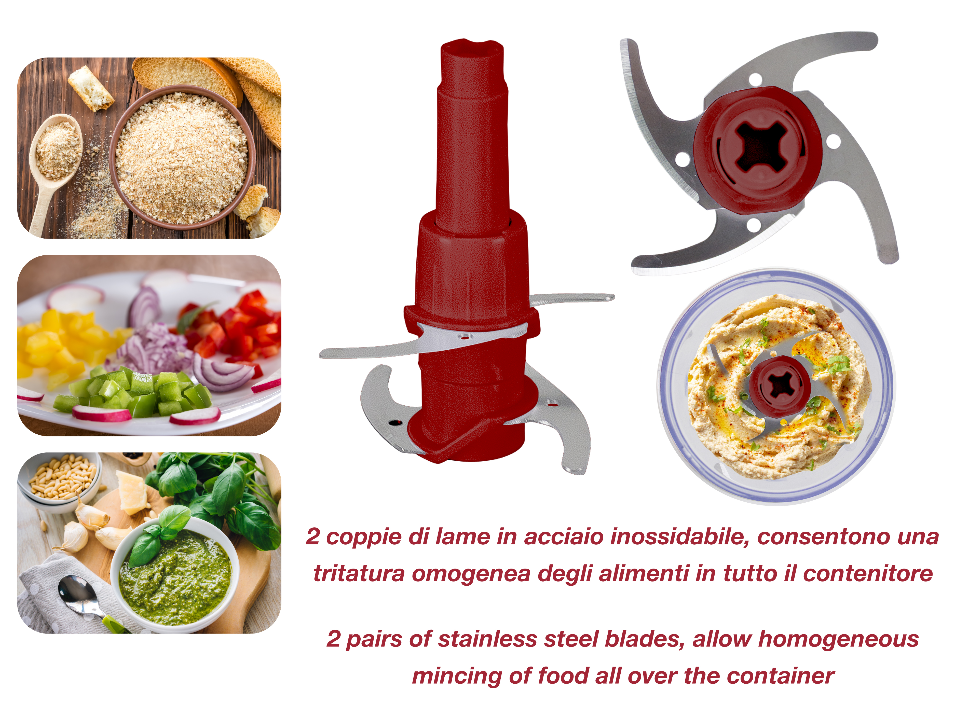 L'immagine mostra un robot da cucina, lame e ingredienti come pangrattato, verdure e hummus.