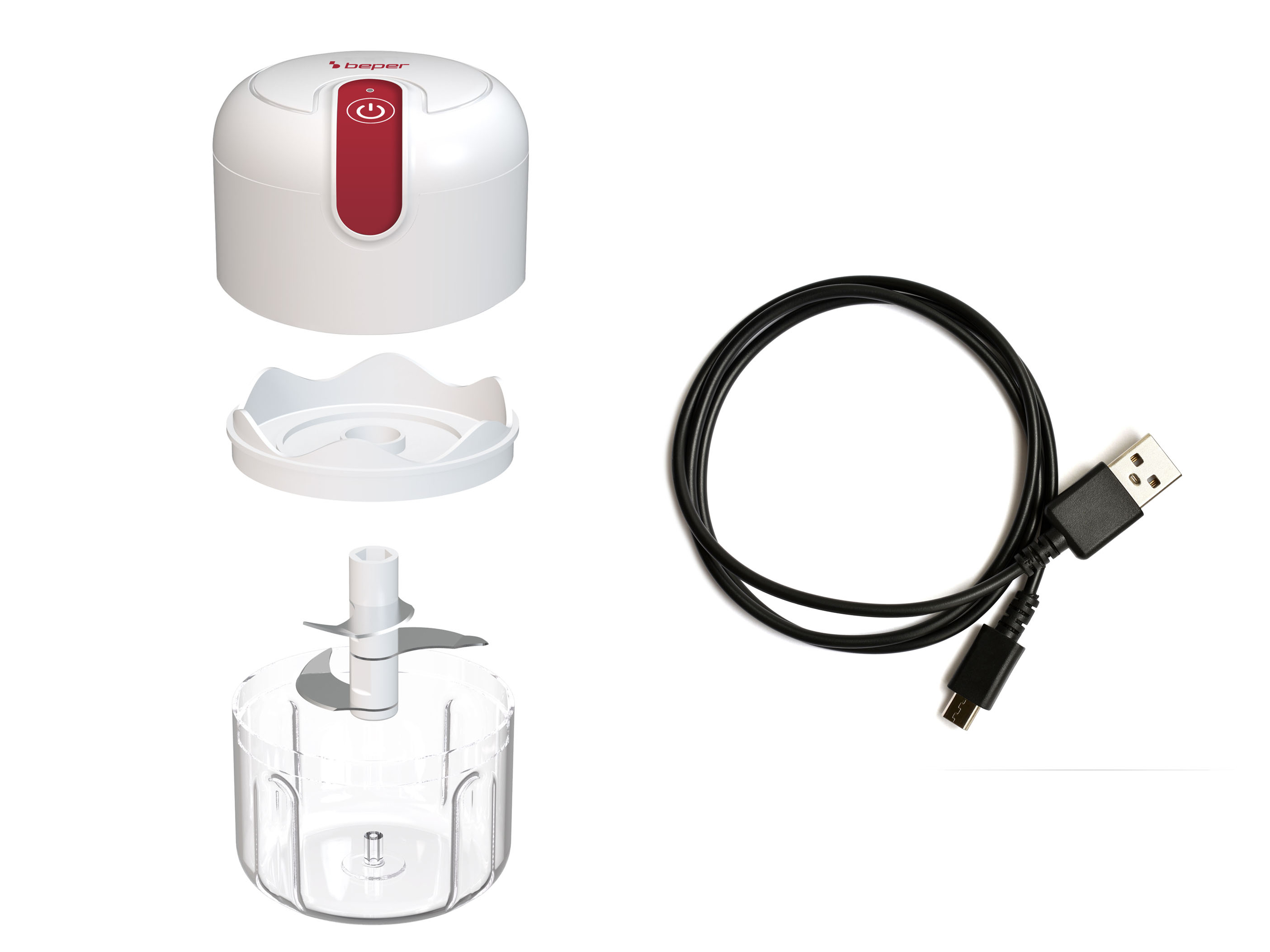 Un robot da cucina bianco smontato con pulsante di accensione rosso, lama e cavo USB nero su sfondo bianco.