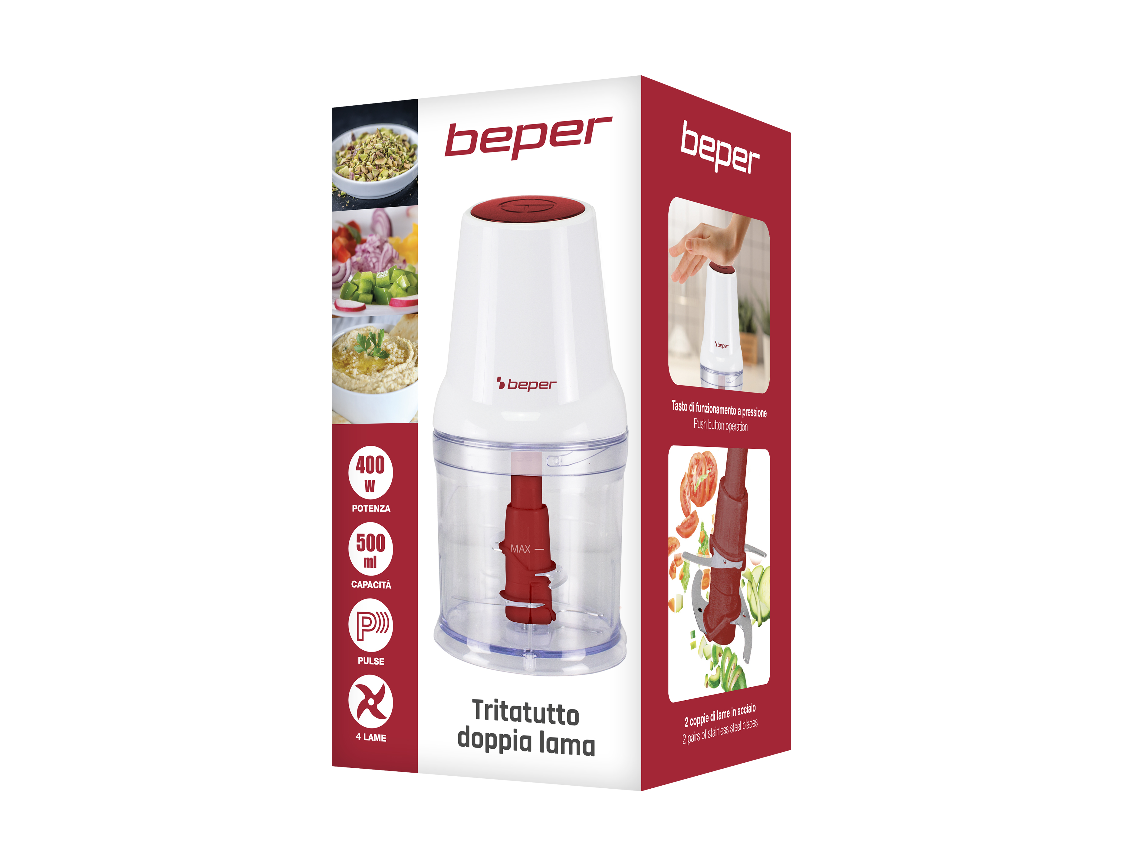 Una scatola bianca e rossa per robot da cucina con immagini di cibo. Il marchio è beper.