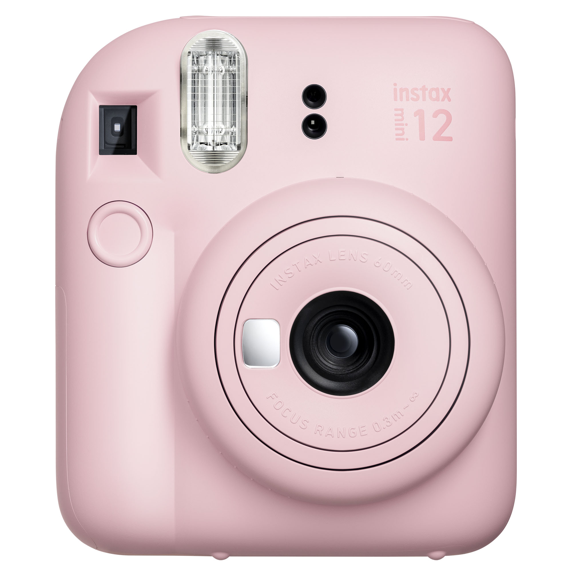 Pembe bir Instax Mini 12 kamera, lens, flaş ve düğmelerle gösteriliyor. Marka adı ve model numarası görülebilir.