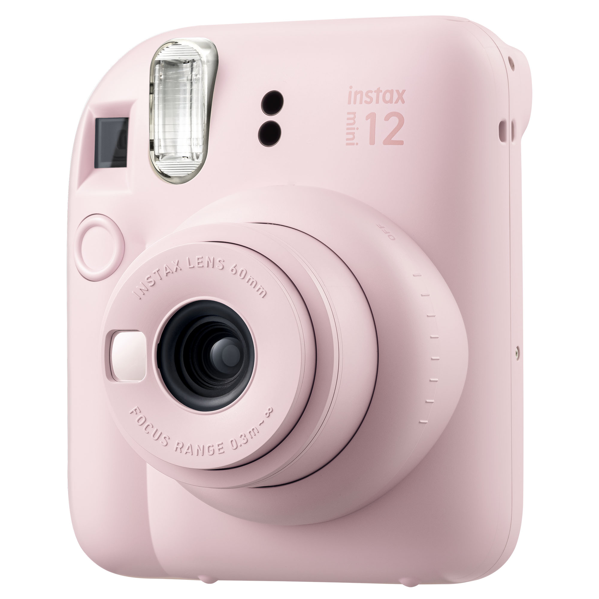 Pembe bir Instax Mini 12 anında fotoğraf makinesi. Bir merceği, flaşı ve düğmeleri var. Marka adı görünür.