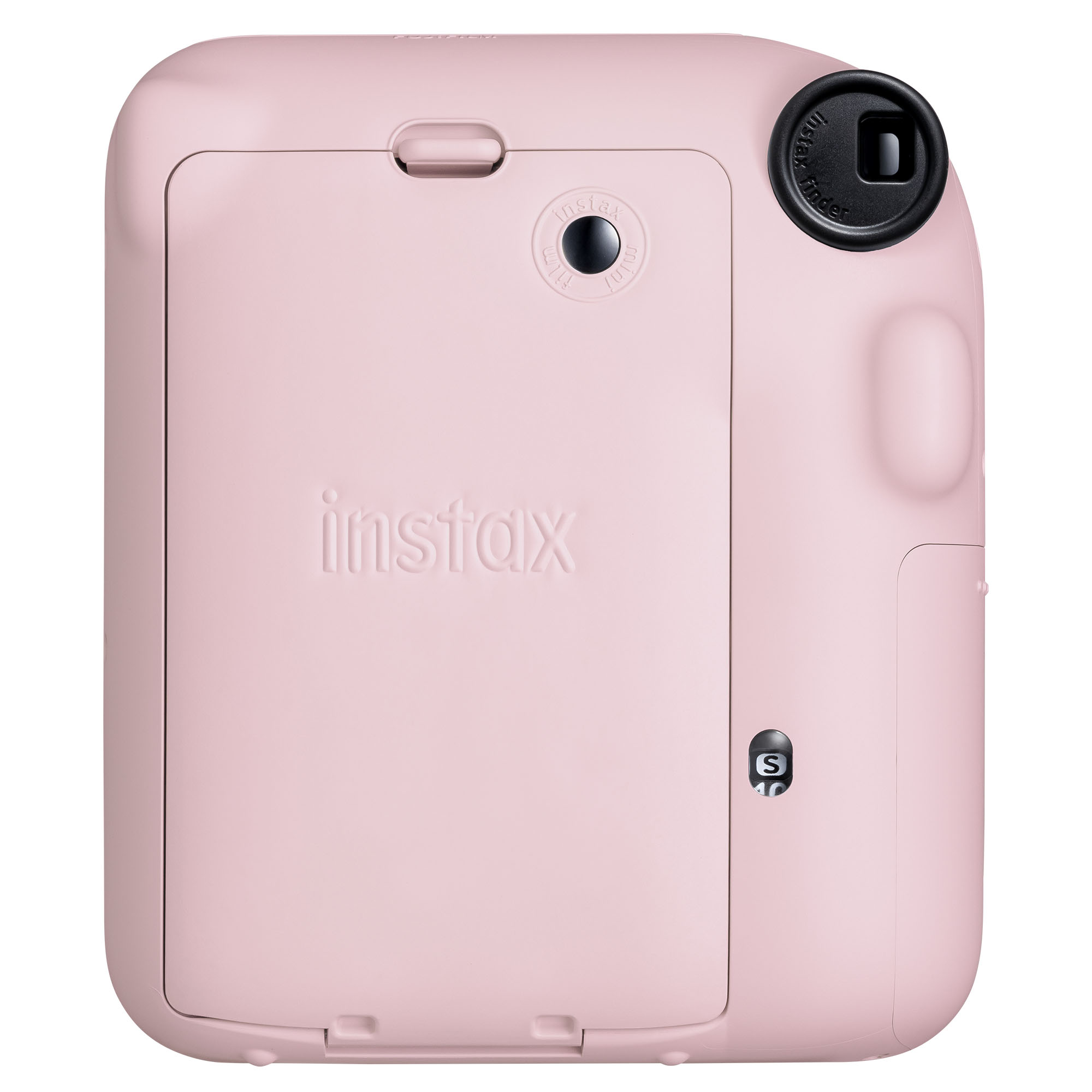 Pembe Instax Mini kamera. Bir lens, vizör ve film kapağına sahiptir. Instax logosu kapı üzerine kabartmalı.