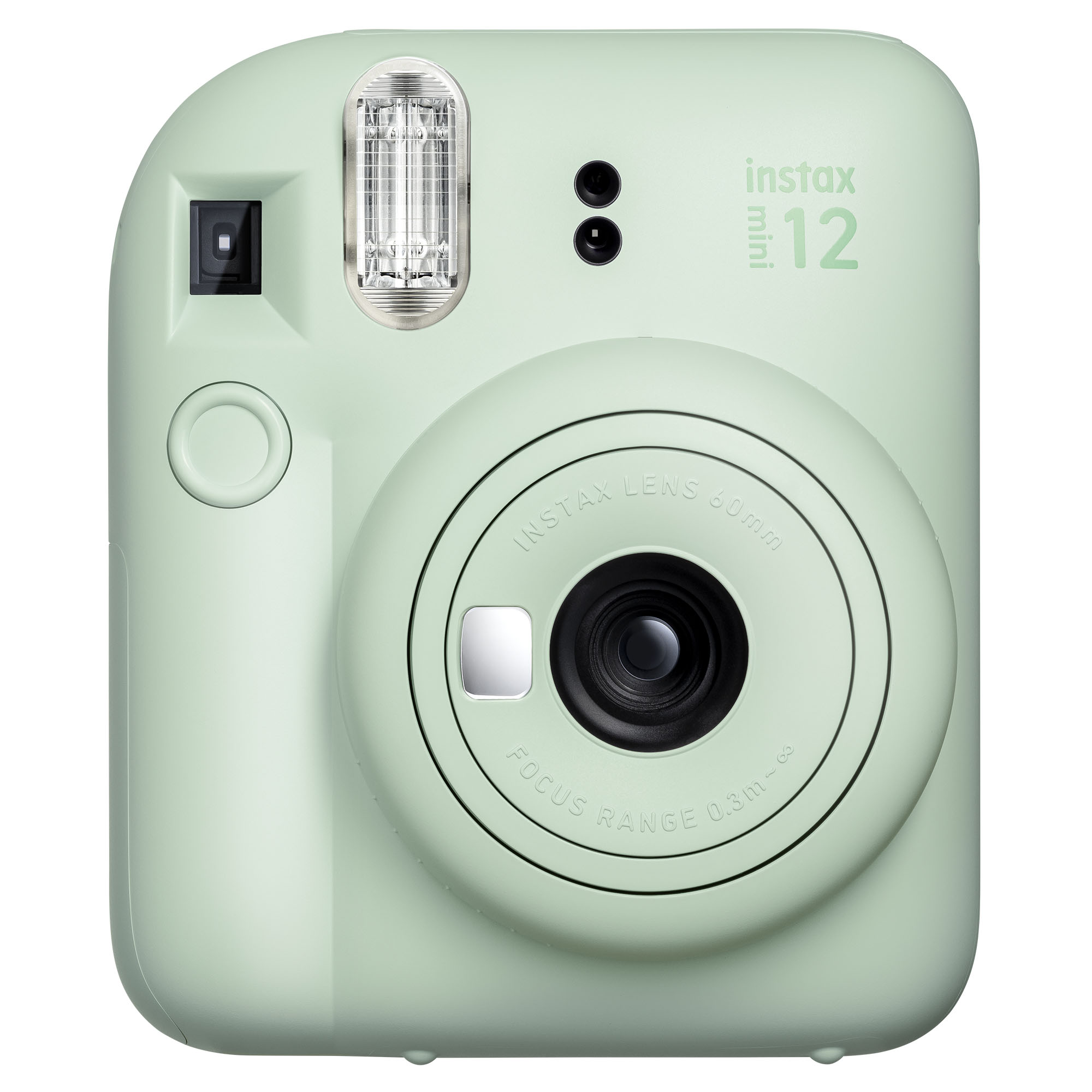 Nane yeşili bir Instax Mini 12 kamera. Bir lensi, flaşı ve düğmeleri vardır. Kamera beyaz bir arka plan üzerindedir.