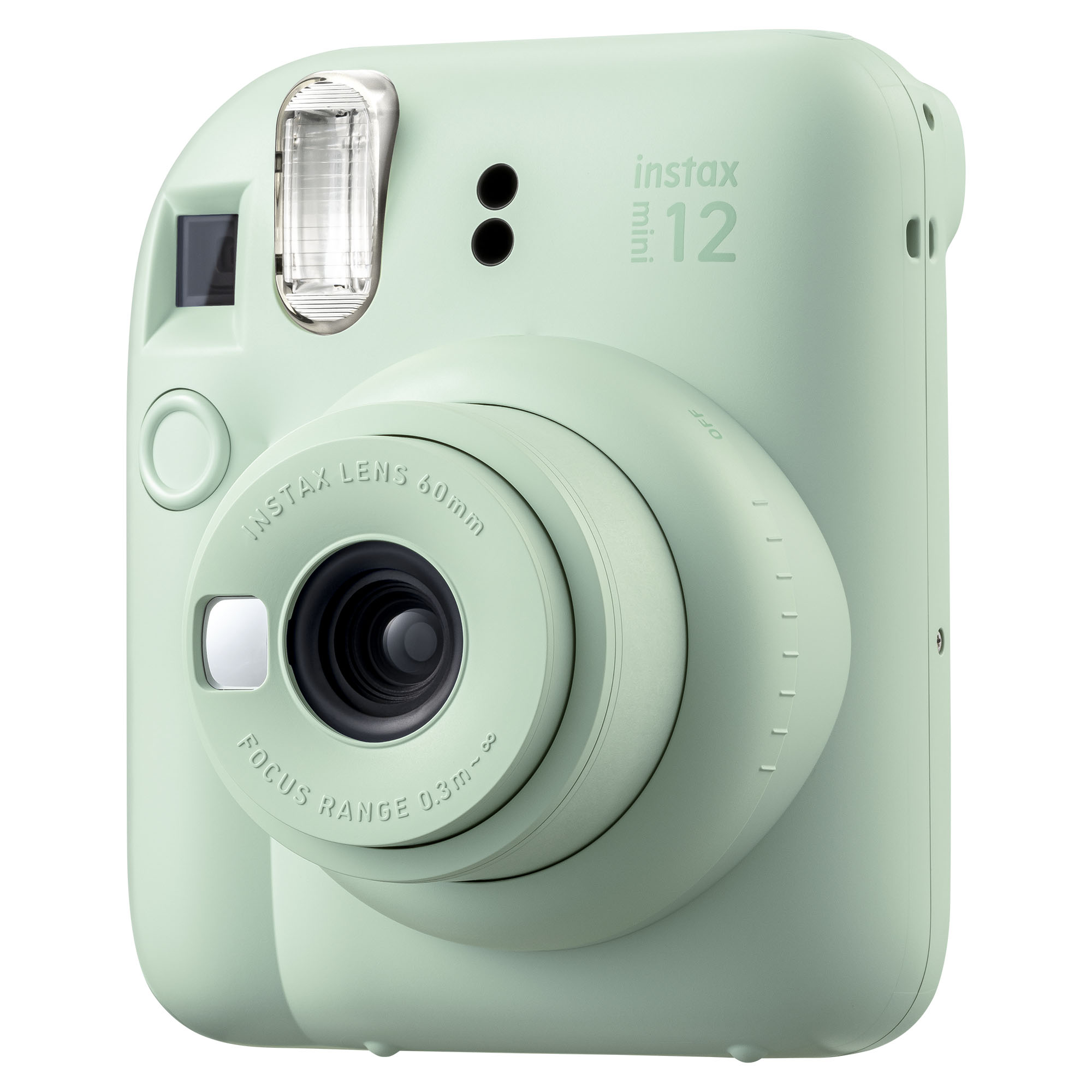 Nane yeşili bir Instax Mini 12 kamera. Objektif, flaş ve düğmeleri var. Arka plan beyaz.