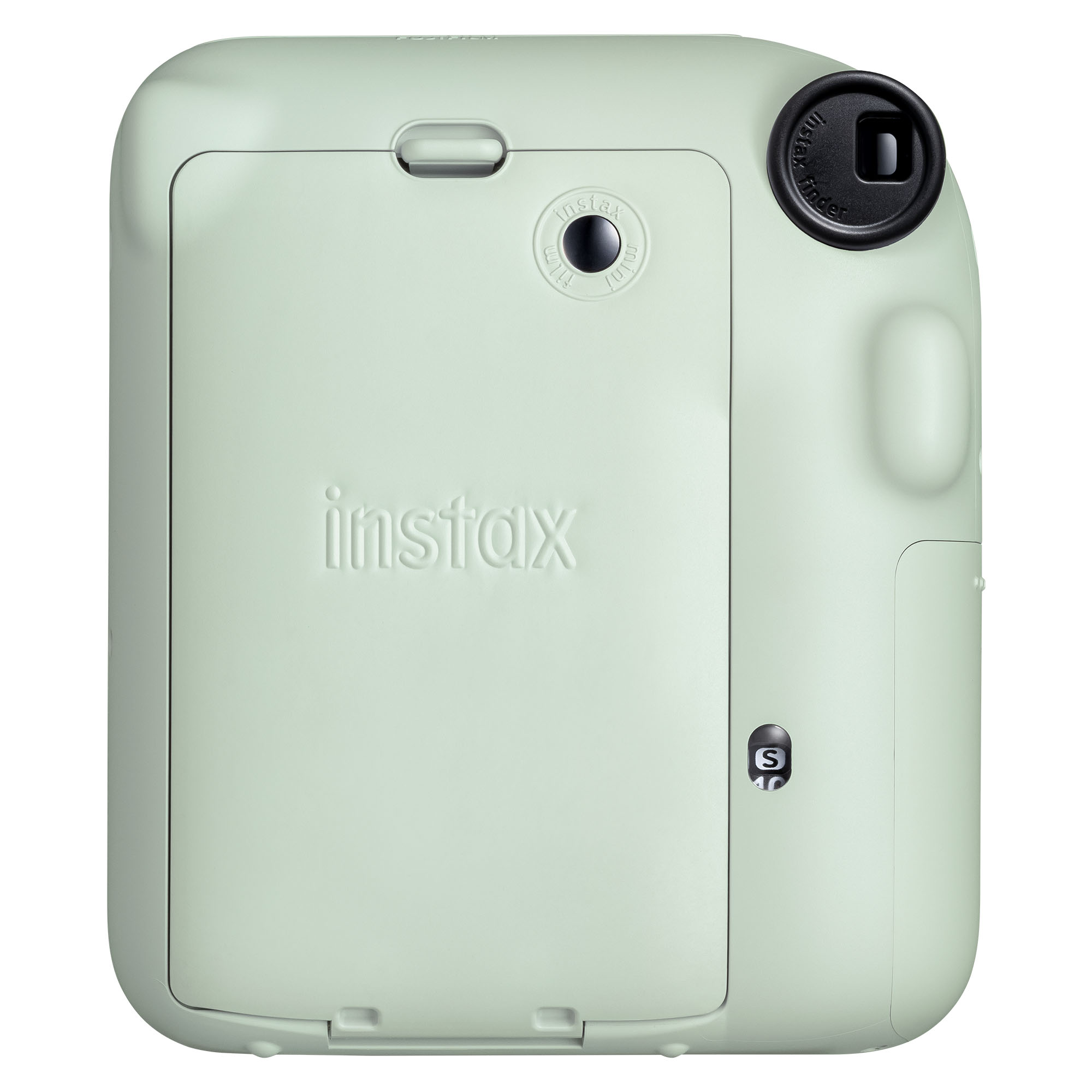 Nane yeşili bir Instax kamera. Bir lensi, bir vizörü ve arkada kabartmalı Instax logosu var.