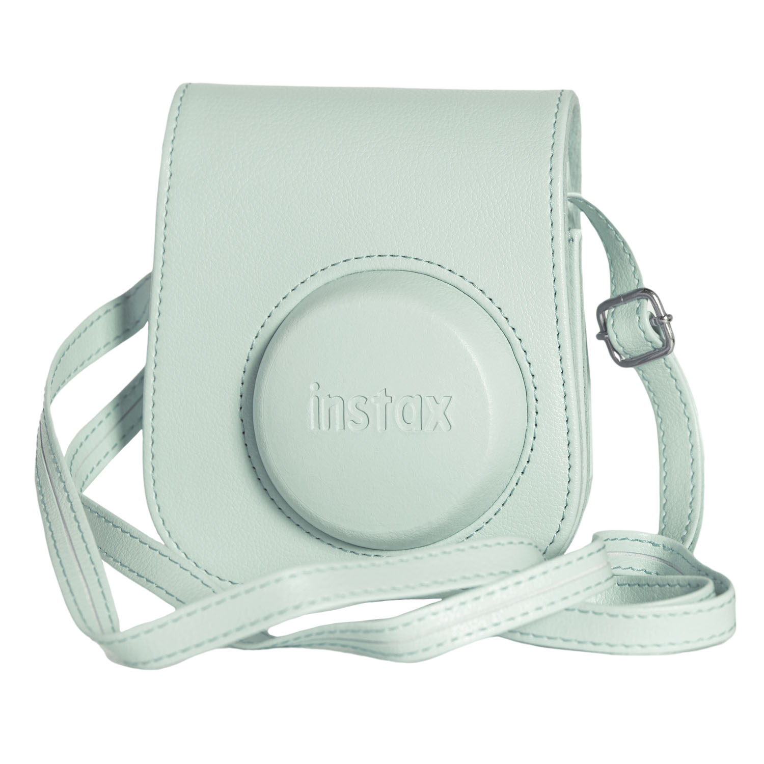 Omuz askılıklı, nane yeşili bir Instax kamera çantası. Çantanın ön tarafında Instax logosu bulunan dairesel bir kısım var.
