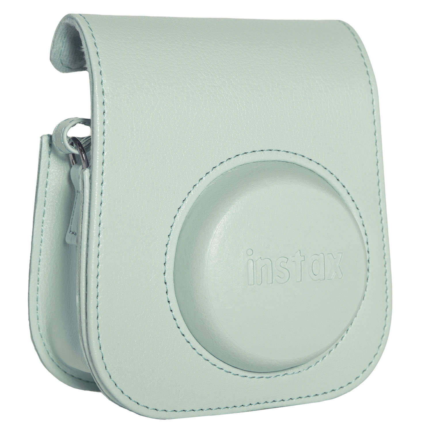 Nane yeşili bir Instax kamera çantası. Yuvarlak bir ön yüzü ve kabartmalı 'instax' yazısı var. Çanta dikişlidir ve bir kapağı vardır.