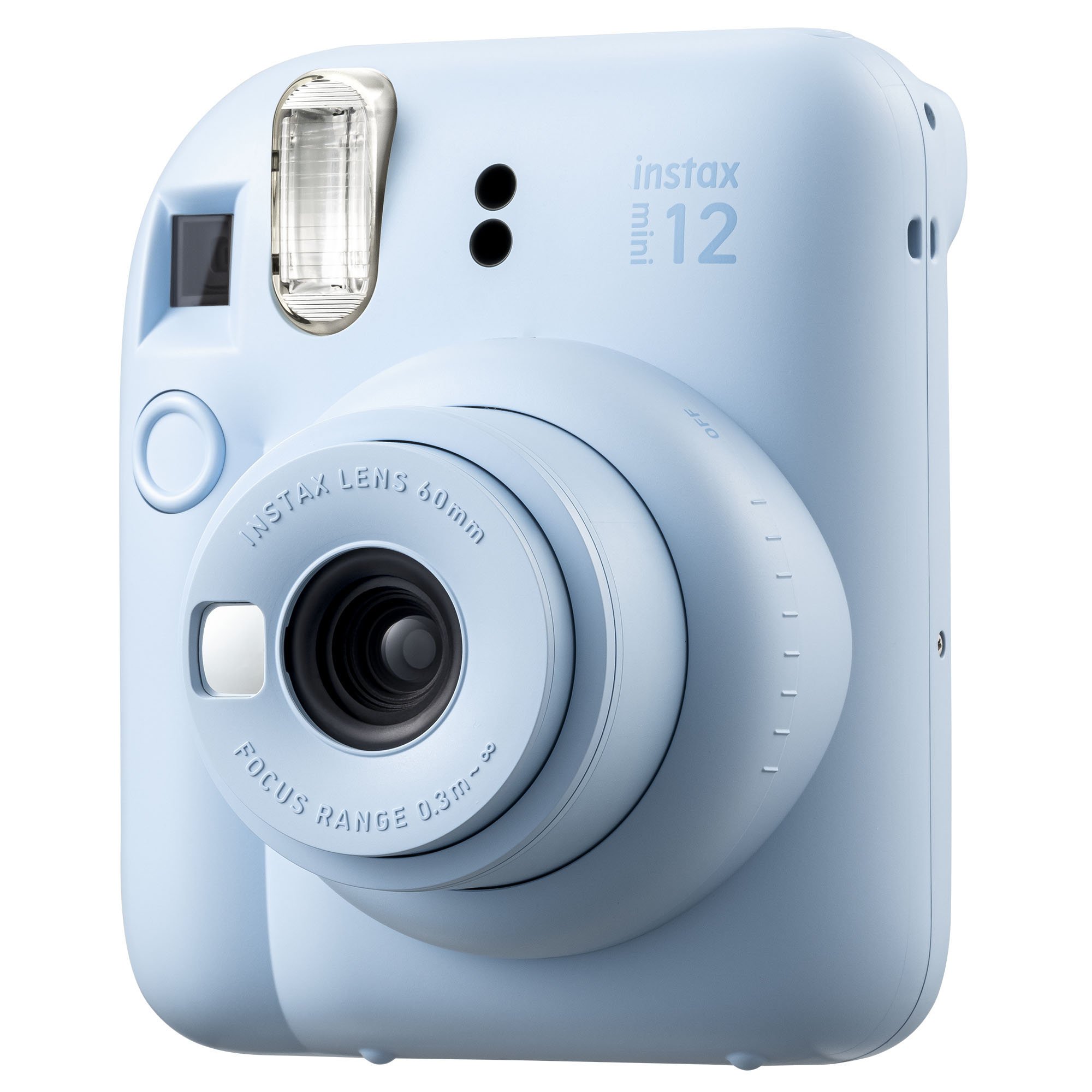 Açık mavi Instax Mini 12 fotoğraf makinesi. Lens, flaş ve düğmeler bulunur. Odak aralığı 0,3m-∞. Instax Mini 12 logosu.