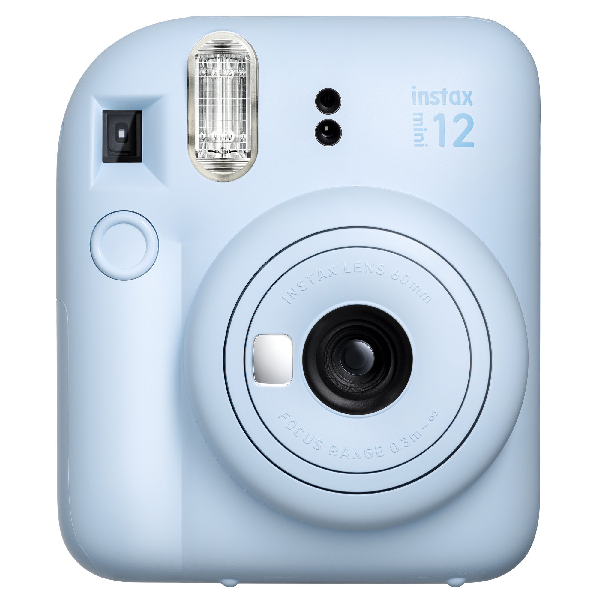 Açık mavi bir Instax Mini 12 fotoğraf makinesi. Mercek, flaş, düğmeler ve Instax Mini 12 logosu var.