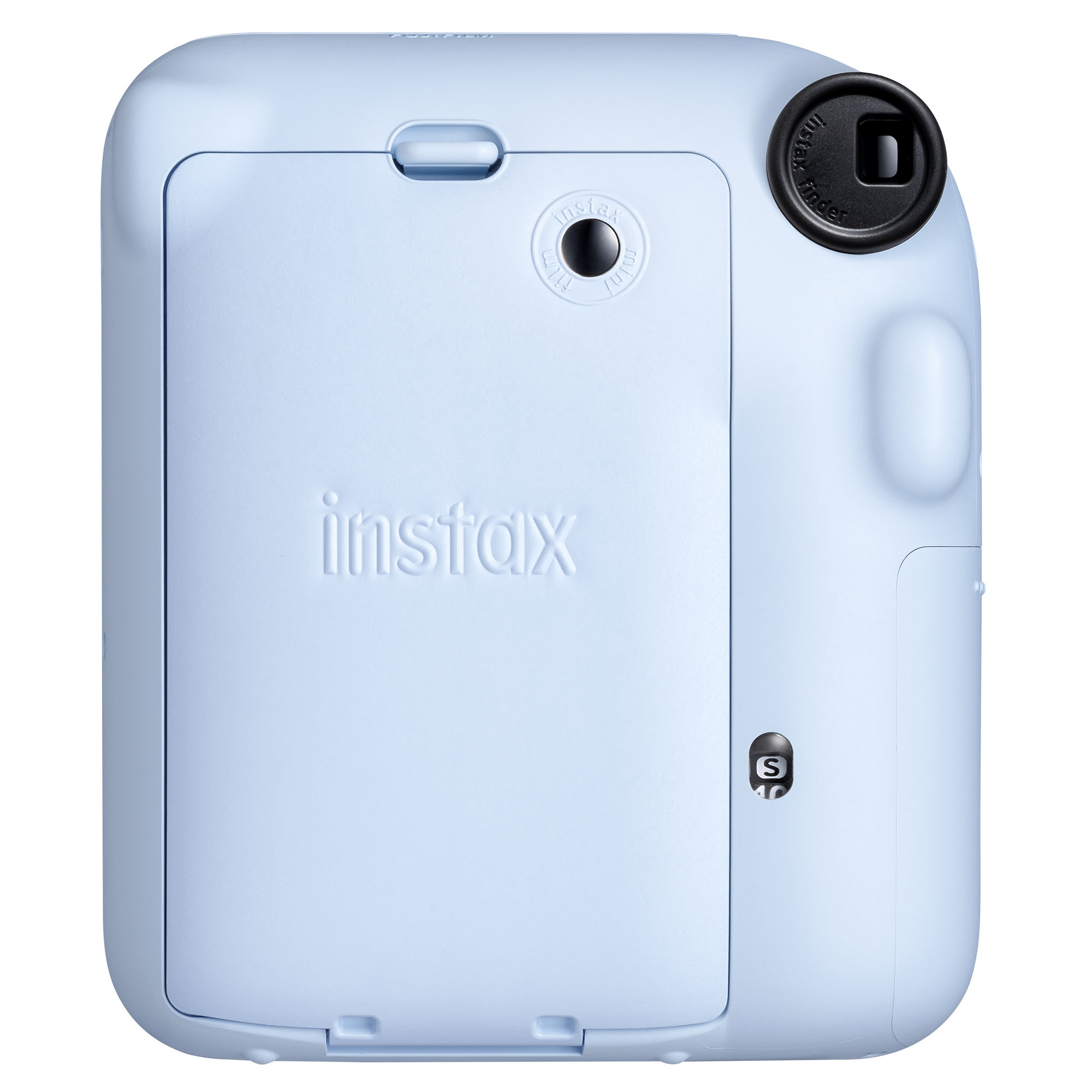Açık mavi bir Instax kamera. Bir merceği, vizörü ve film kapağı vardır. Instax logosu kabartmalı.