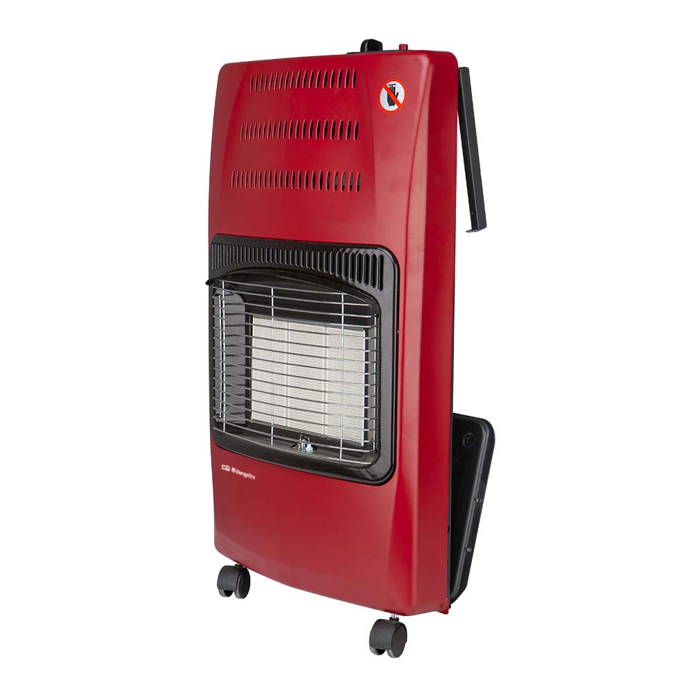 Un calefactor de gas rojo con parrilla negra, ranuras de ventilación y ruedas. Es visible una pegatina de advertencia. Está sobre fondo blanco.