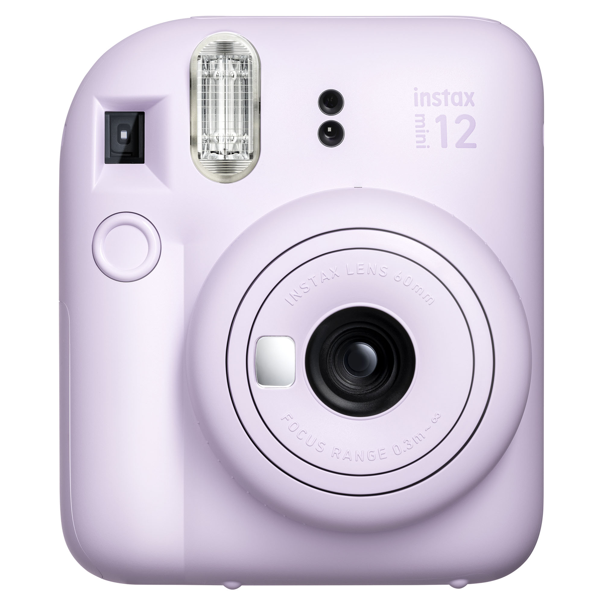 Açık mor renkli bir Instax Mini 12 kamera. Bir lens, flaş ve düğmeleri var. Lens üzerindeki metin 'Instax Lens' yazıyor.
