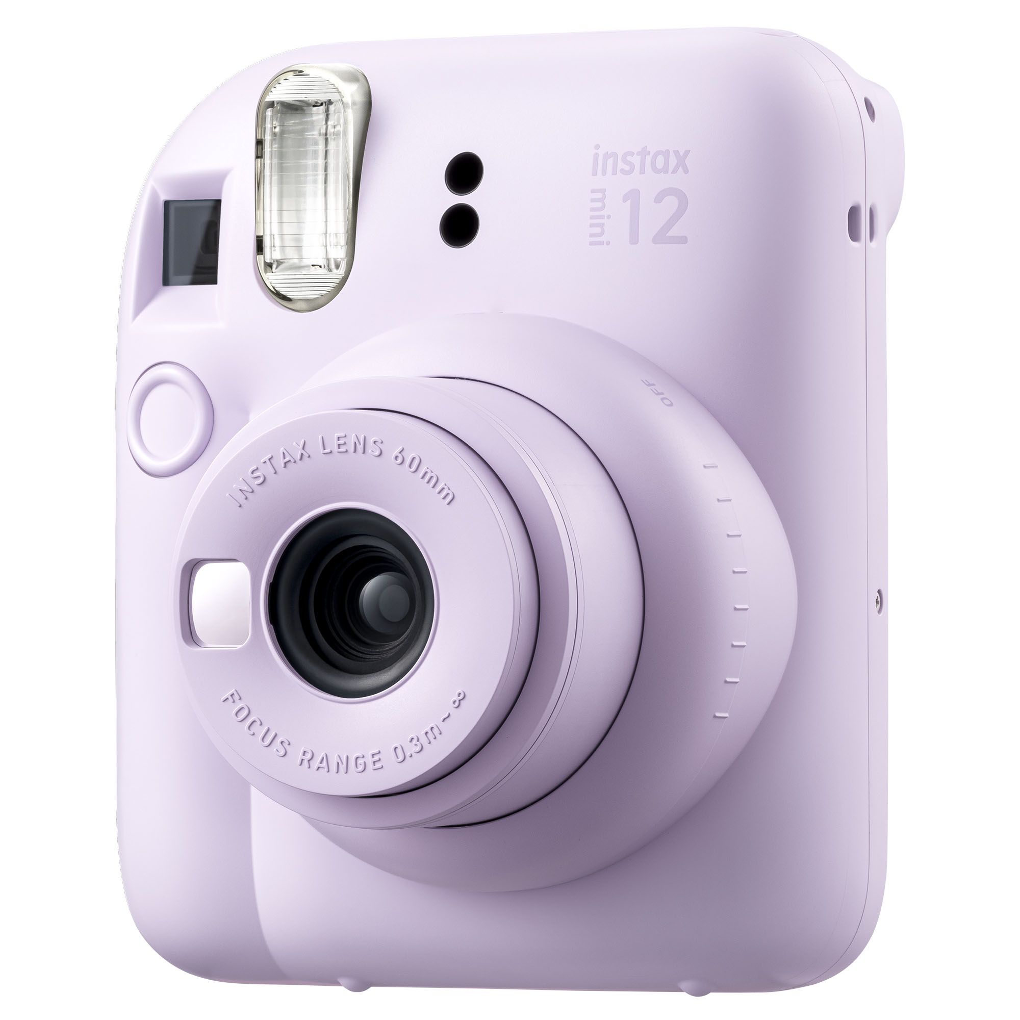 Lavanta rengi bir Instax Mini 12 fotoğraf makinesi. Mercek, flaş ve düğmeleri var. Beyaz bir arka plan üzerinde.