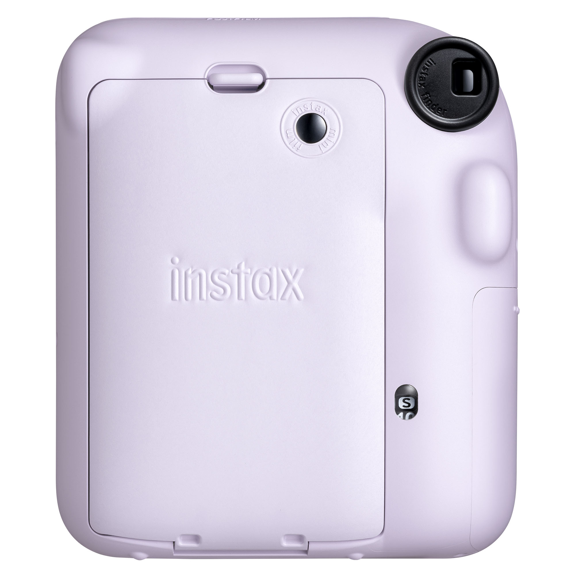 Açık mor bir Instax Mini kamera. Arkasında Instax logosu, bir film kapağı ve siyah bir vizör bulunur.