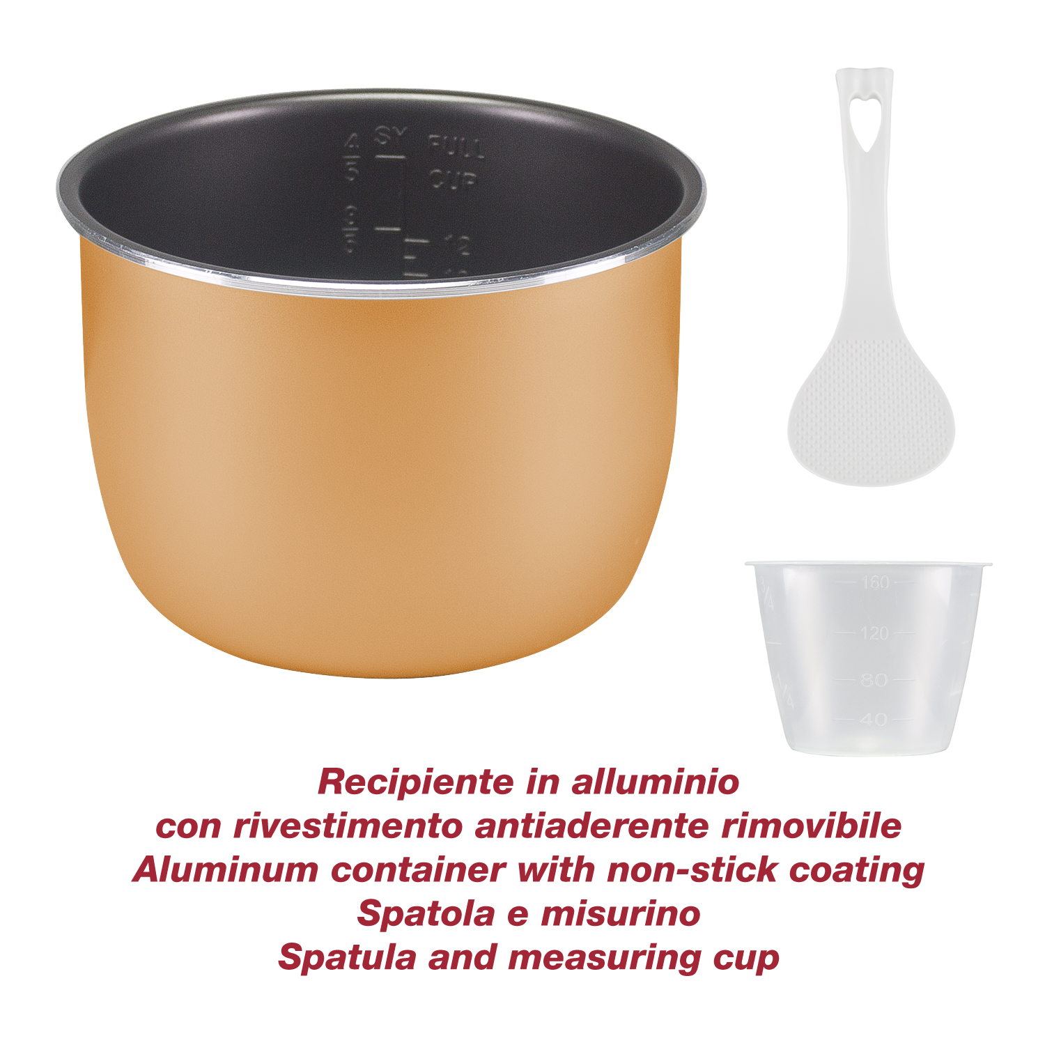 Un contenitore in alluminio dorato, una spatola bianca e un misurino. Testo: Contenitore in alluminio con rivestimento antiaderente, spatola e misurino.
