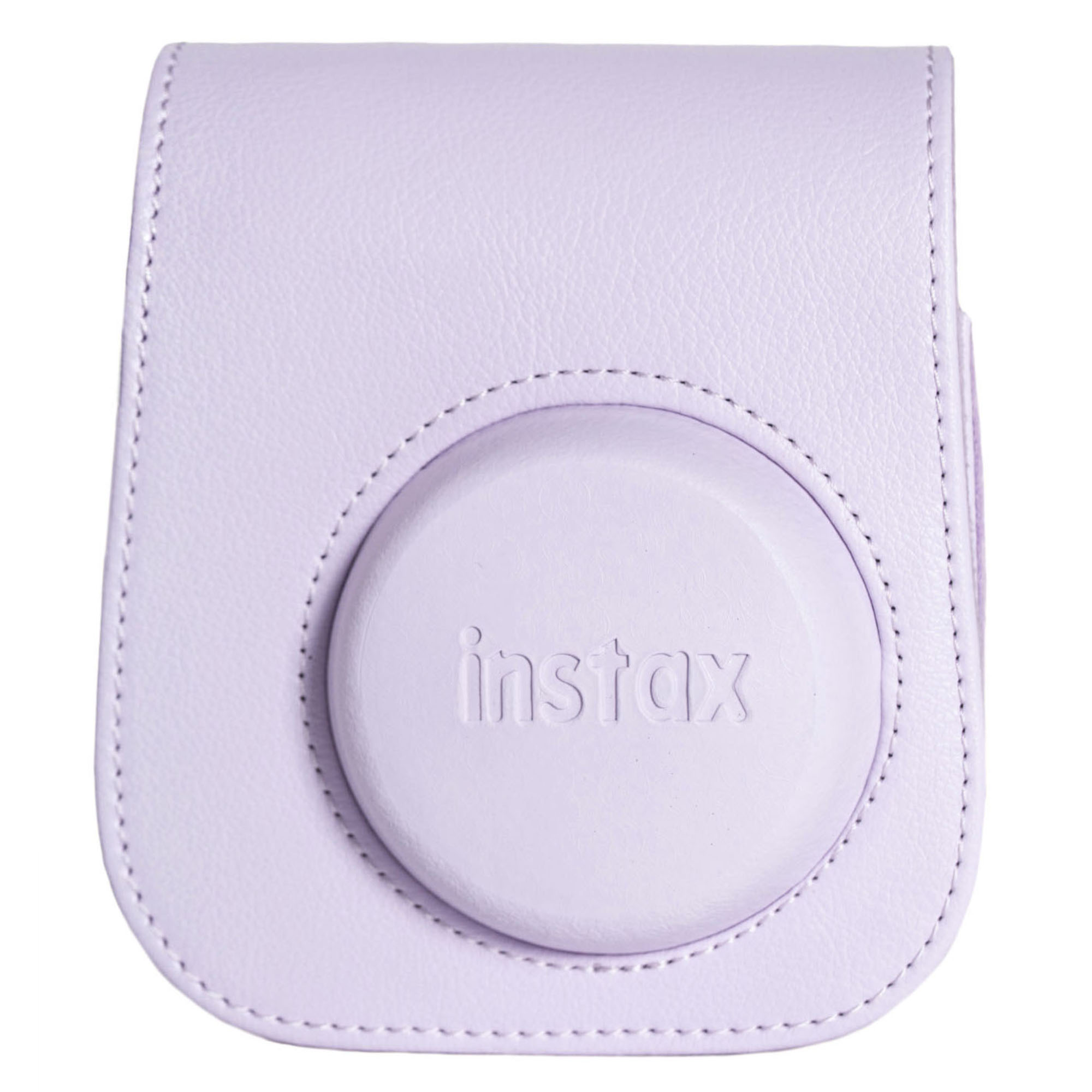 Lavanta rengi bir Instax kamera çantası. Önünde Instax logosu ve kenarlarında beyaz dikişler var.