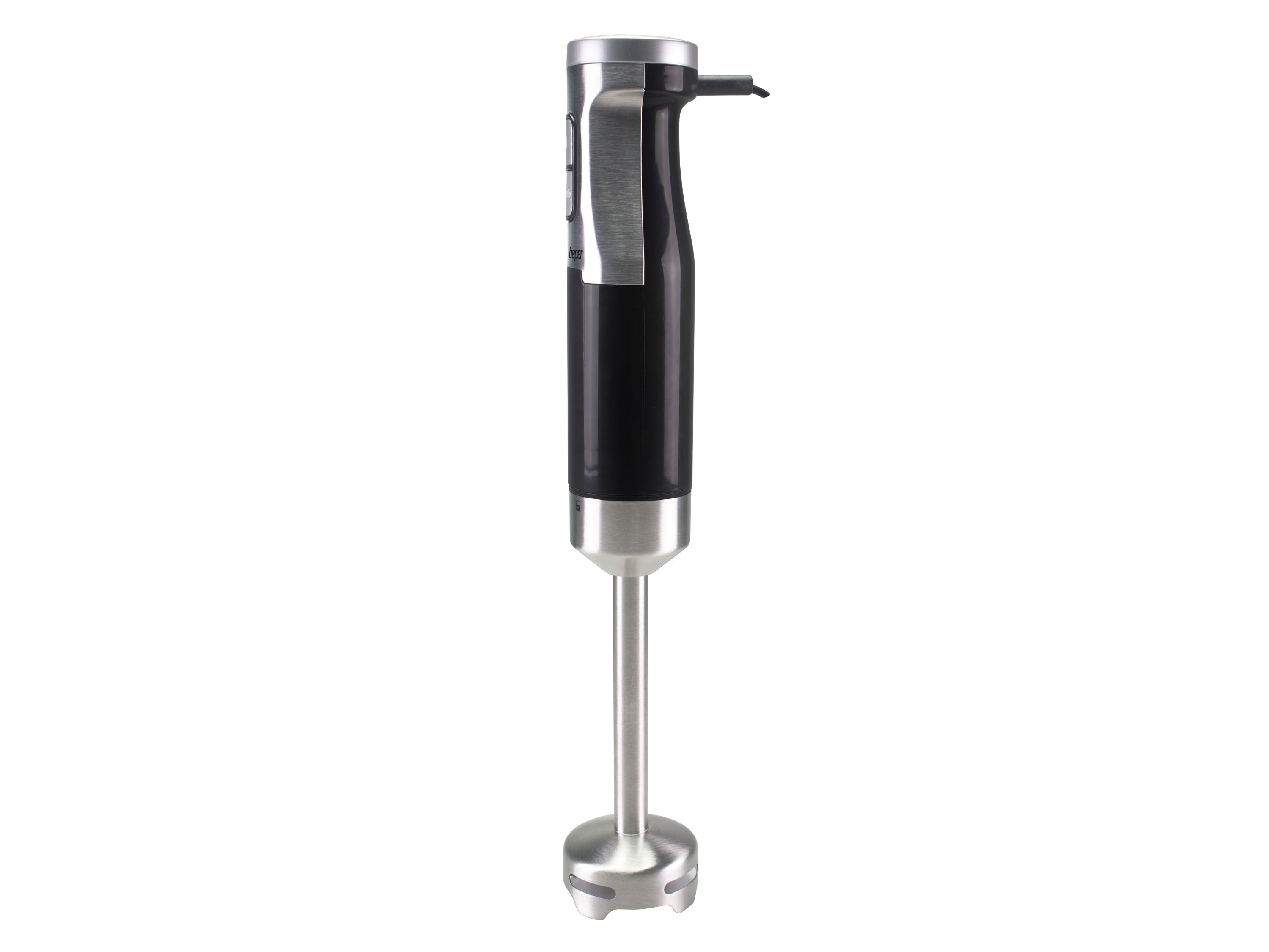 Ein handlicher Stabmixer in Schwarz und Silber auf weißem Hintergrund.