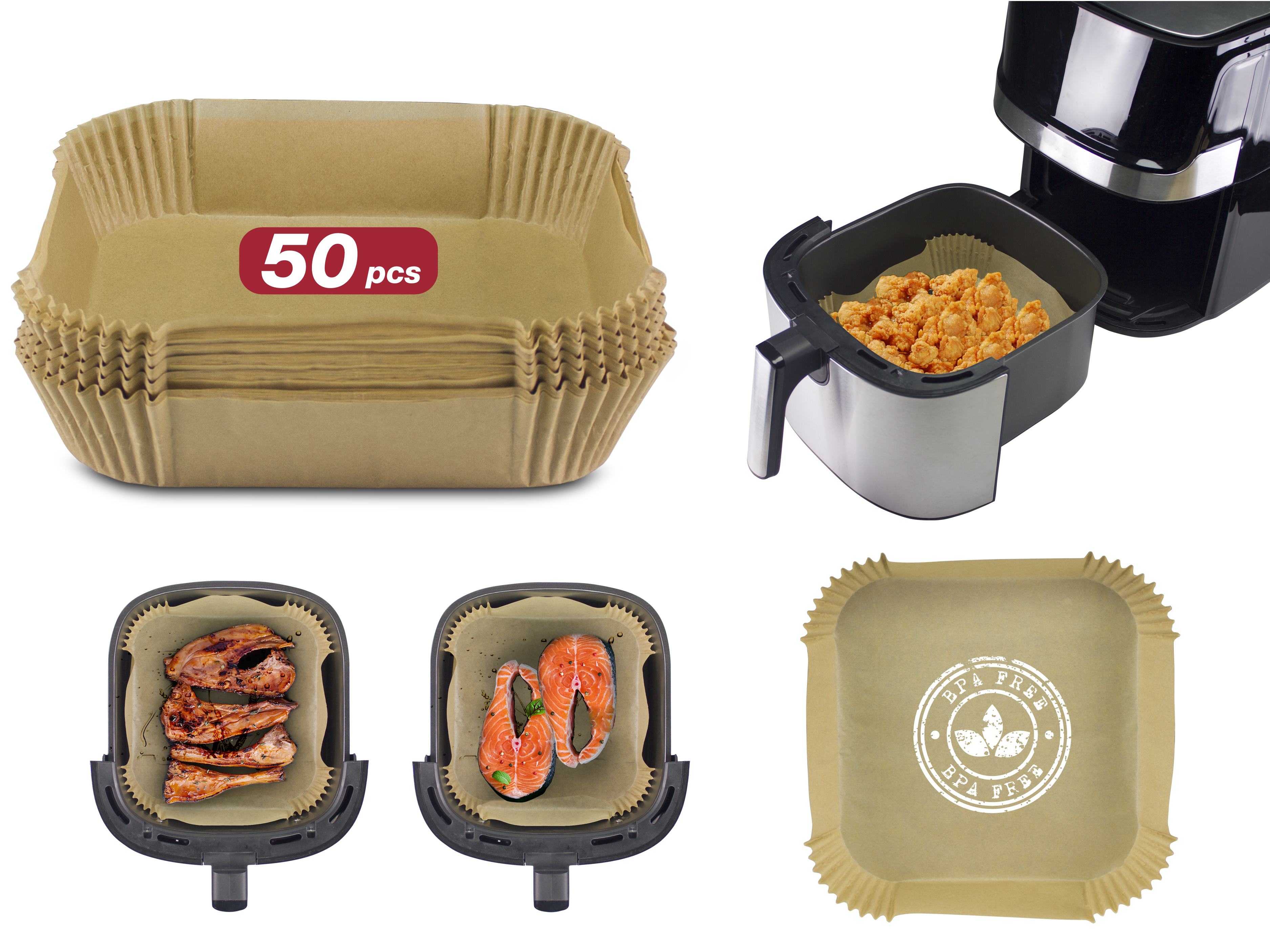L'immagine mostra accessori per friggitrici ad aria: rivestimenti di carta, friggitrice ad aria con pollo, pesce e timbro senza BPA su un rivestimento.