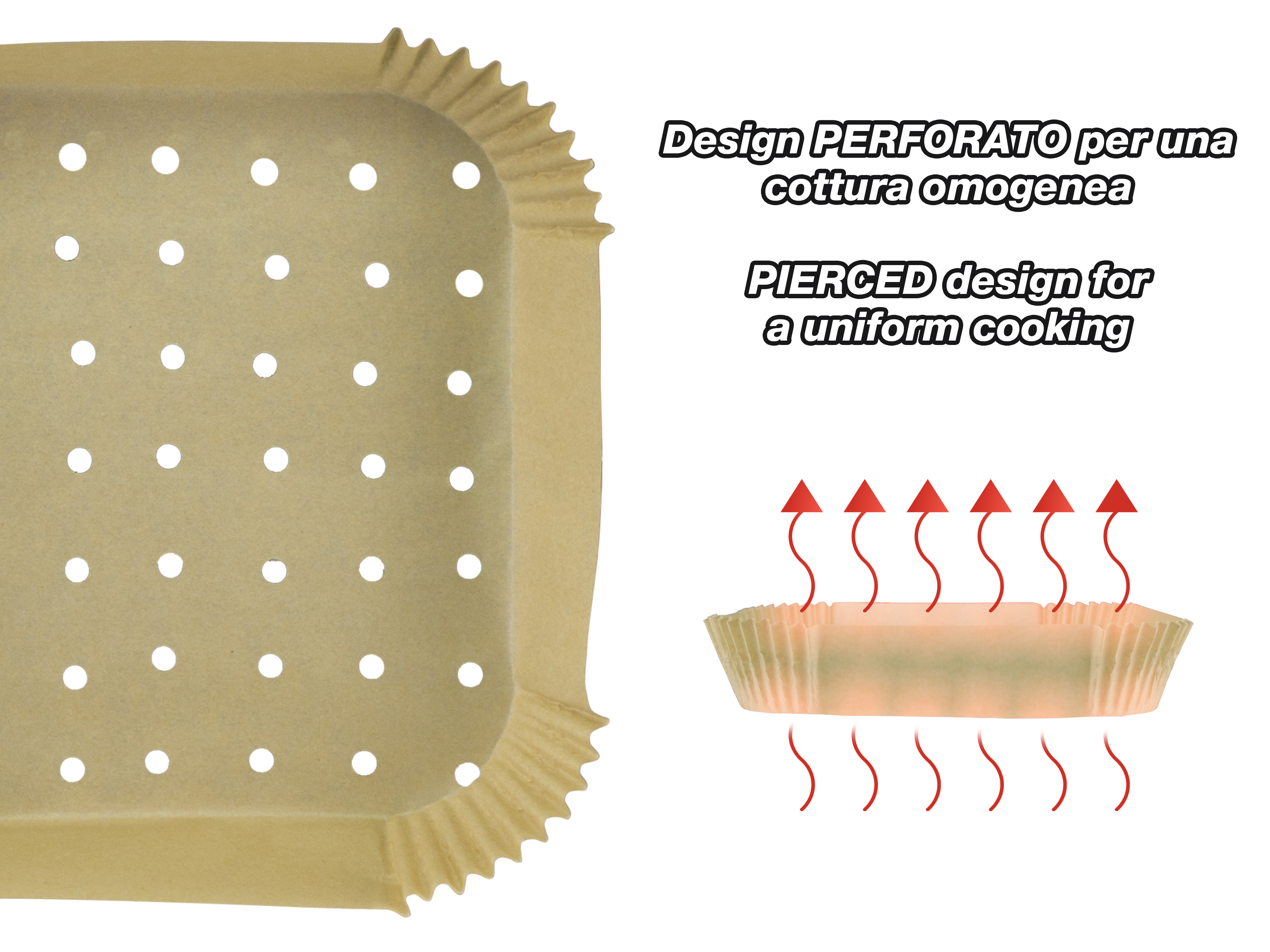Carta da forno perforata con bordo ondulato. Frecce rosse mostrano il flusso di calore. Testo italiano.