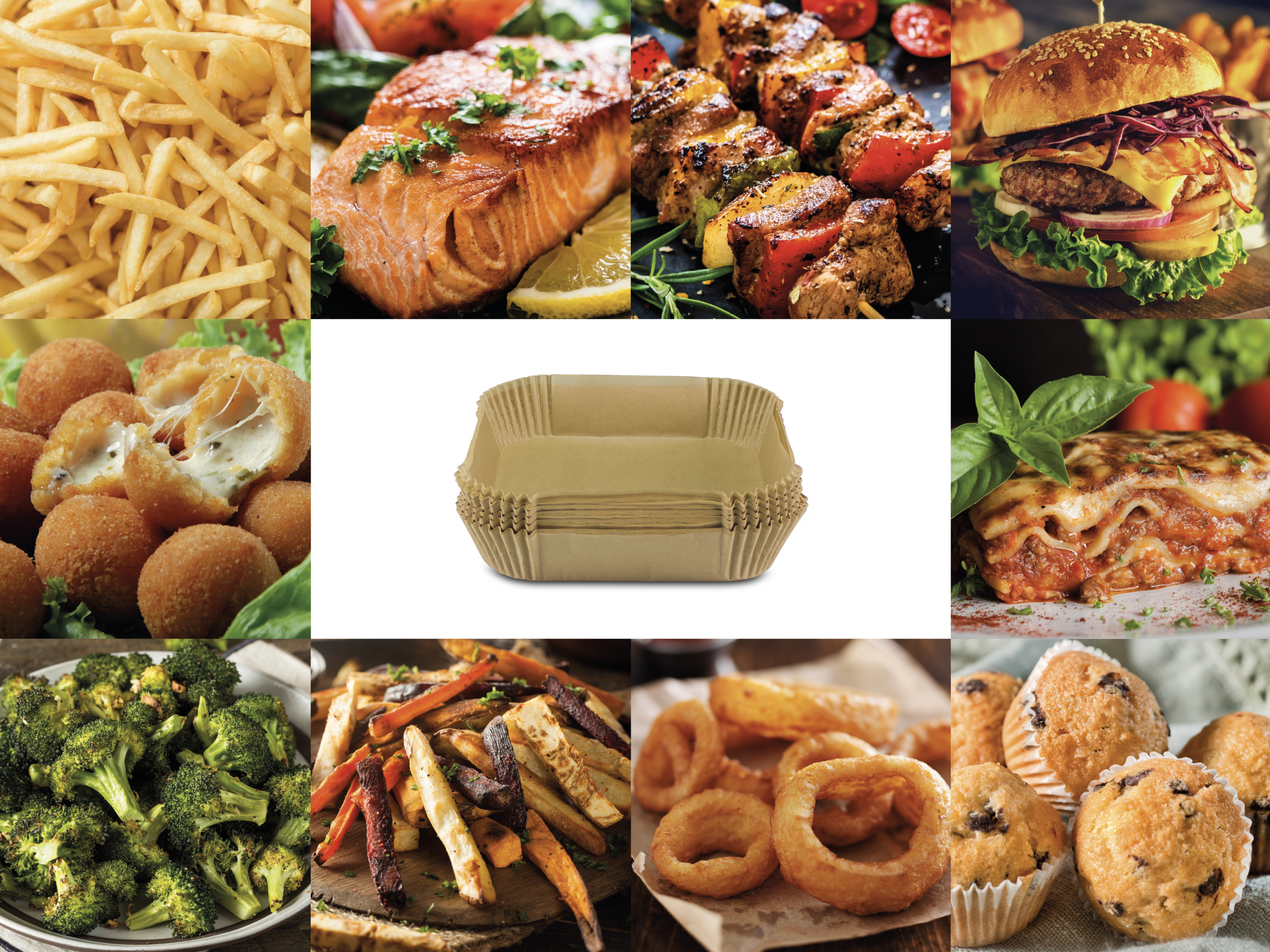 Un collage che mostra vari cibi: patatine fritte, salmone, kebab, hamburger, palline di mozzarella, contenitori per alimenti, lasagne, broccoli, patatine fritte, anelli di cipolla, muffin.