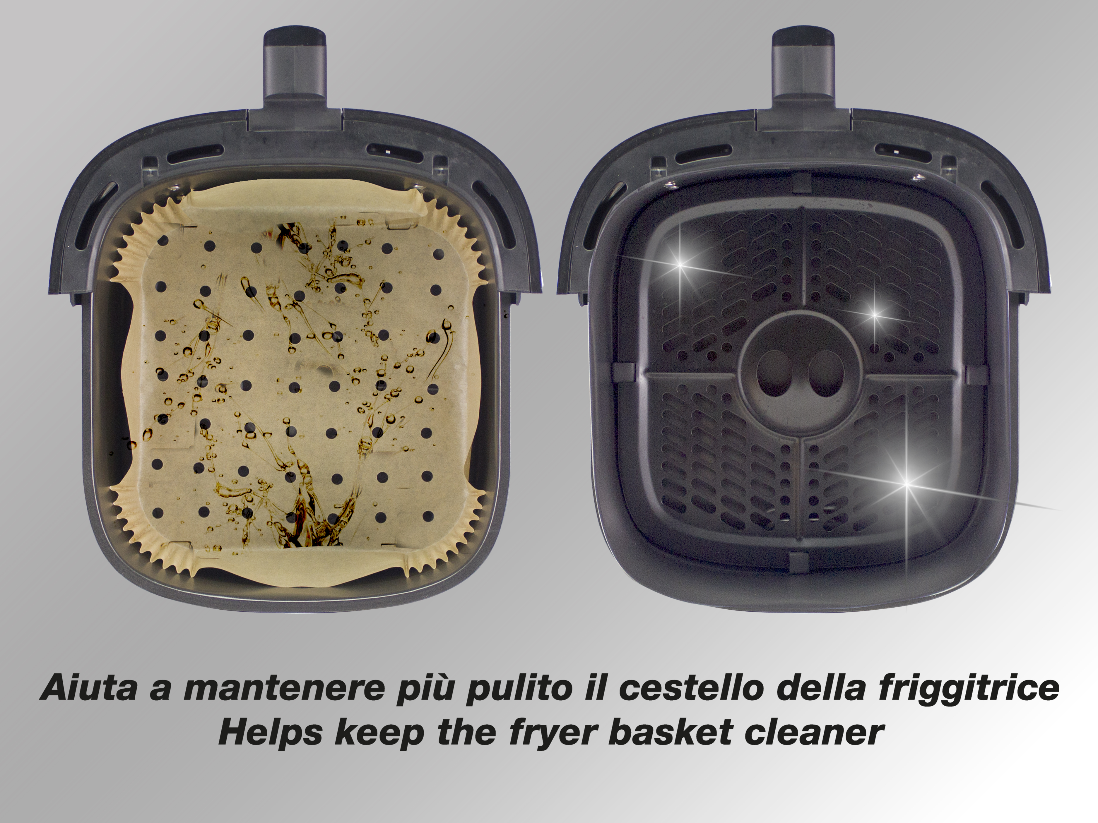 Due cestelli per friggitrice ad aria. Uno con rivestimento di carta usato, l'altro pulito. Il testo dice: Aiuta a mantenere pulito il cestello.