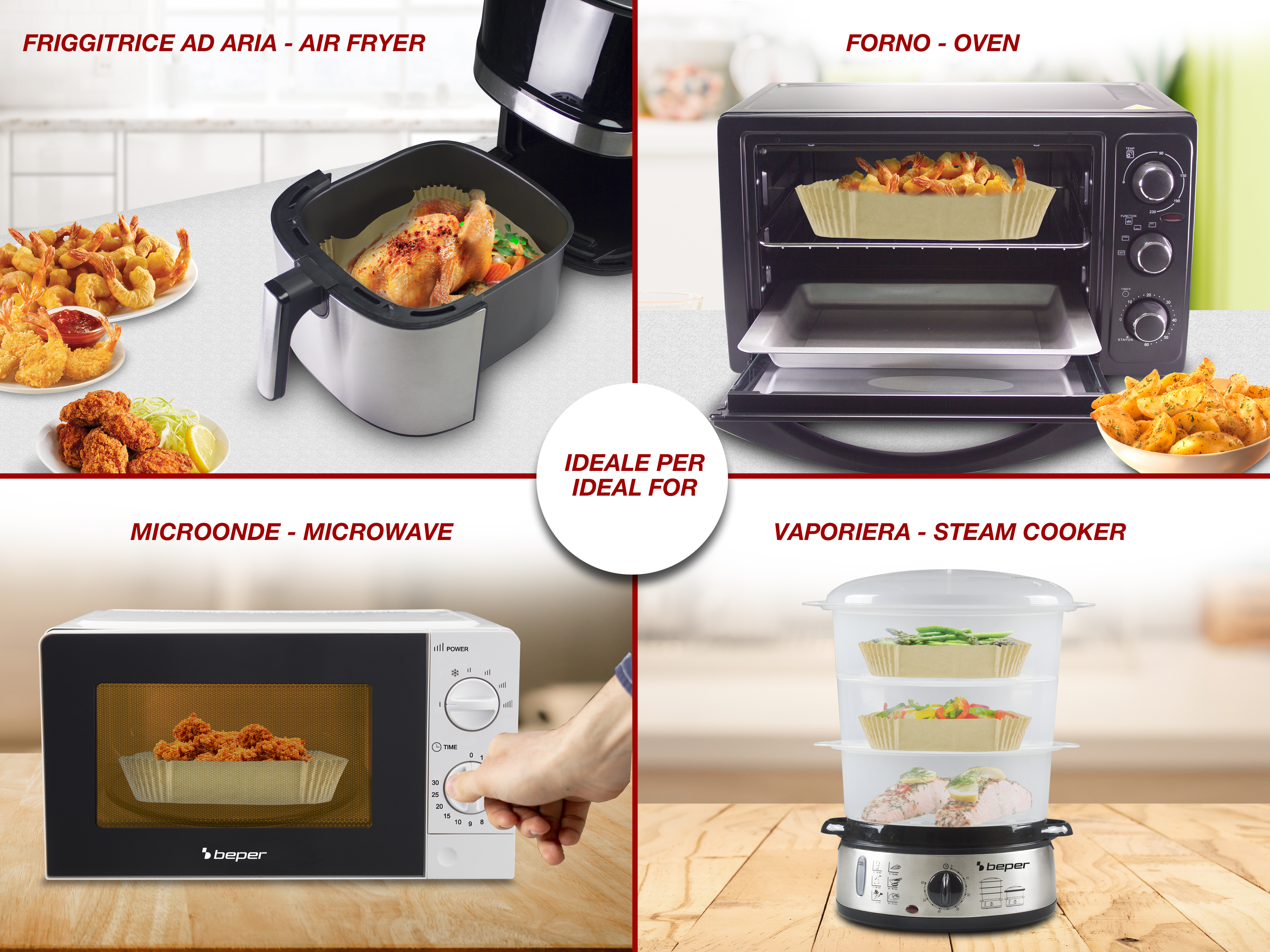 L'immagine mostra quattro elettrodomestici: friggitrice ad aria, forno, microonde e cuocivapore, ognuno con cibo.