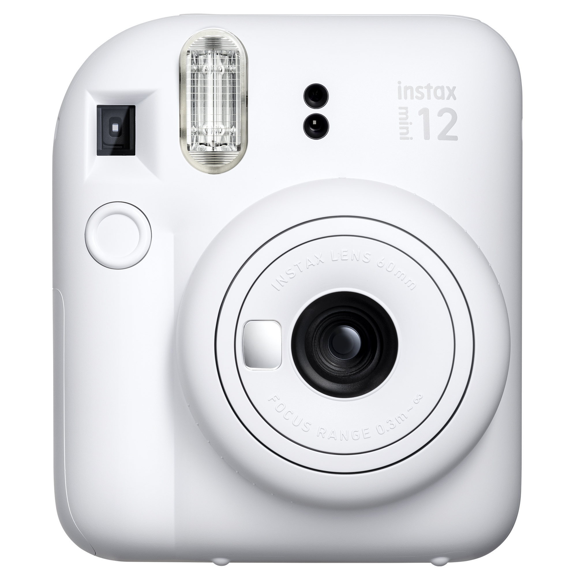 Beyaz bir Instax Mini 12 fotoğraf makinesi. Mercek, flaş ve düğmeleri var. Kamera beyaz bir arka plana karşı.
