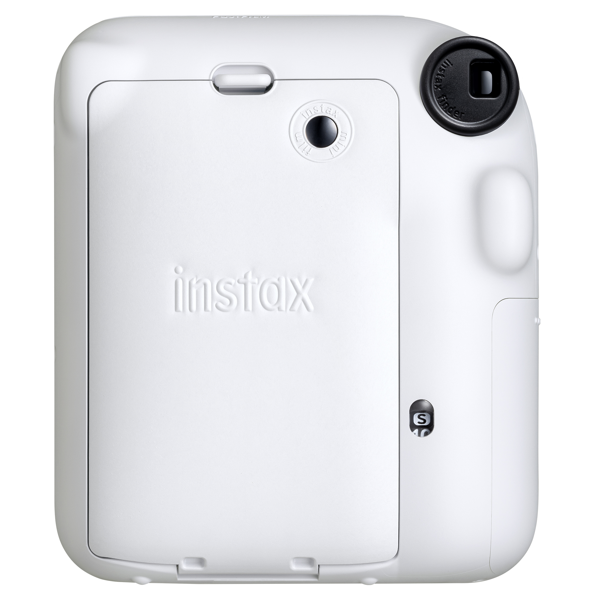 Beyaz Instax kamera. Lens, vizör ve film kapağı var. Ön tarafta 'Instax' kabartmalı. Siyah bir düğmesi var.