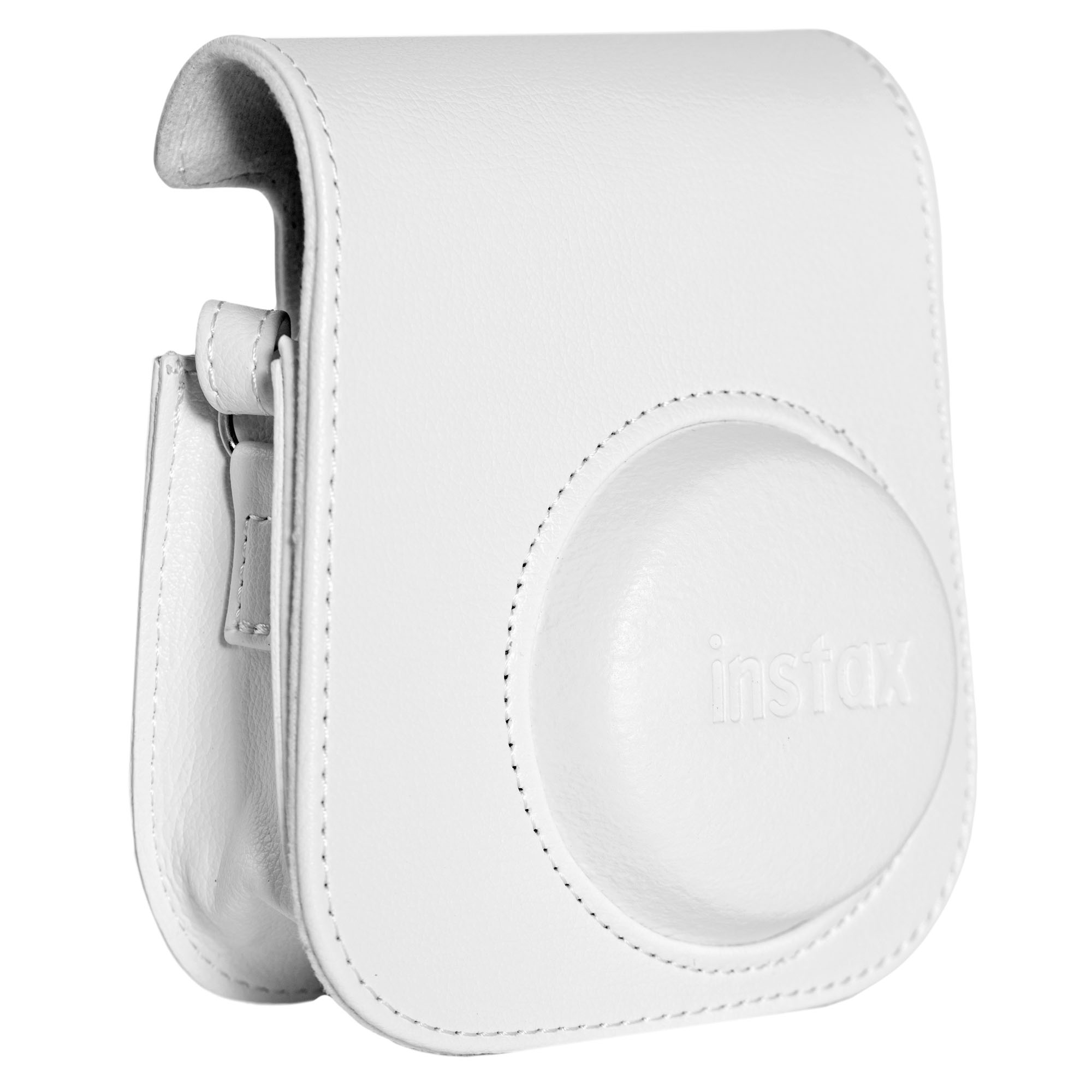 Beyaz Instax kamera çantası. Dikişli kenarları, kavisli üst kısmı ve marka adıyla deri görünümlü malzeme.