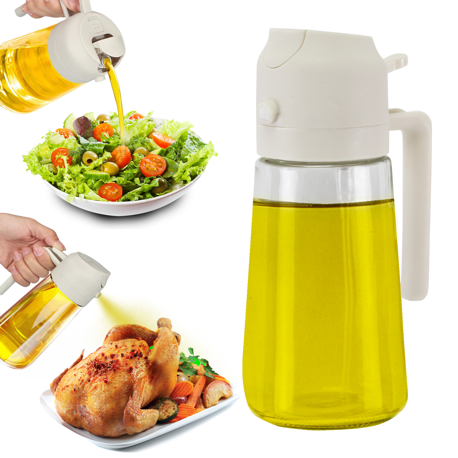 Un dispenser di olio versa olio sull'insalata. Accanto c'è un pollo arrosto. Il dispenser è bianco con un barattolo di vetro pieno di olio.