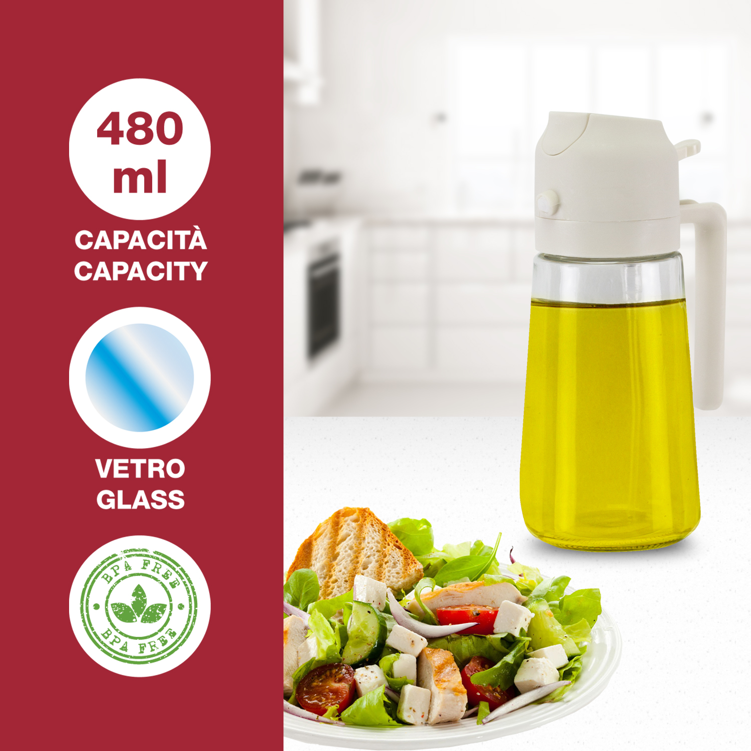 Un dosatore di olio con olio d'oliva accanto a un'insalata con pollo e pomodori. Un pannello rosso a sinistra mostra la capacità e senza BPA.