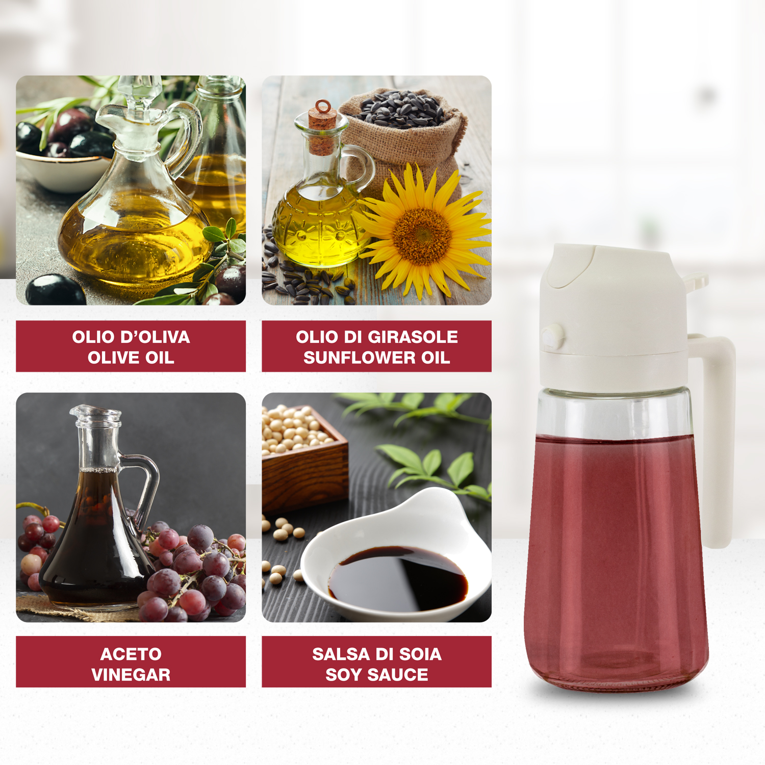Un dispenser di olio in vetro trasparente con manico bianco. Contiene un liquido rosso. L'immagine mostra anche olio d'oliva, girasole, aceto e salsa di soia.