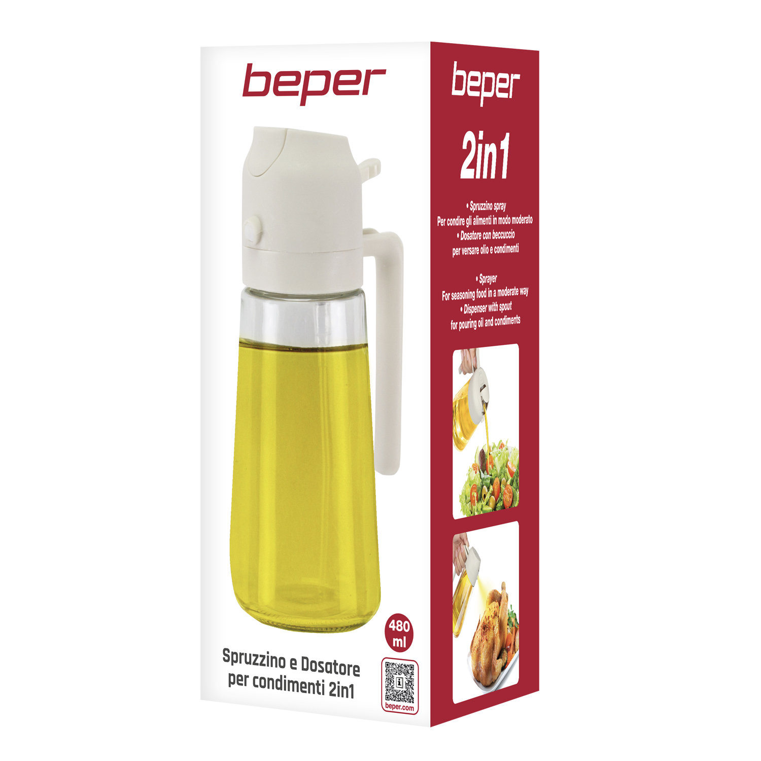 Un dispenser di olio Beper 2in1. La bottiglia contiene liquido giallo. La scatola ha testo in italiano e inglese, mostrando esempi di utilizzo.