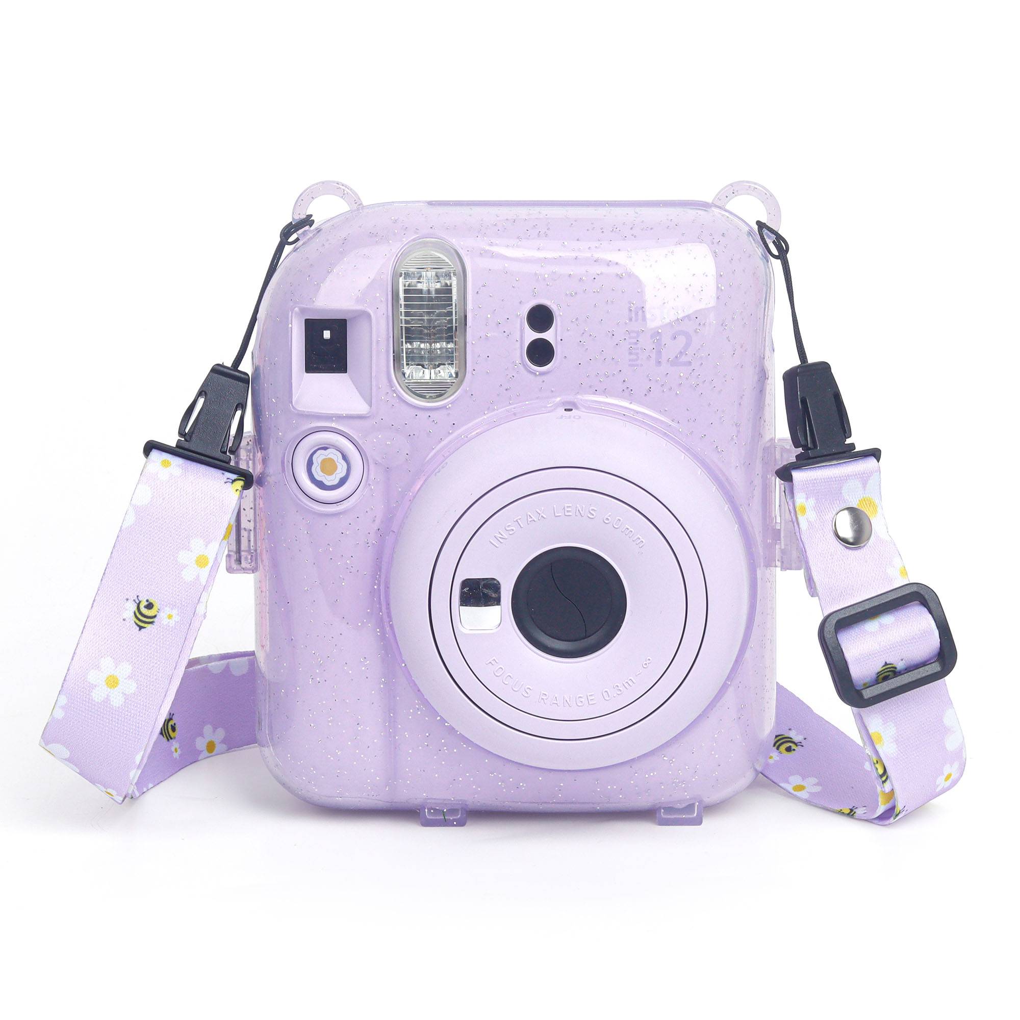 Askılı bir lavanta Instax kamera. Askıda arılar ve çiçekler var. Kamerada flaş ve lens var.