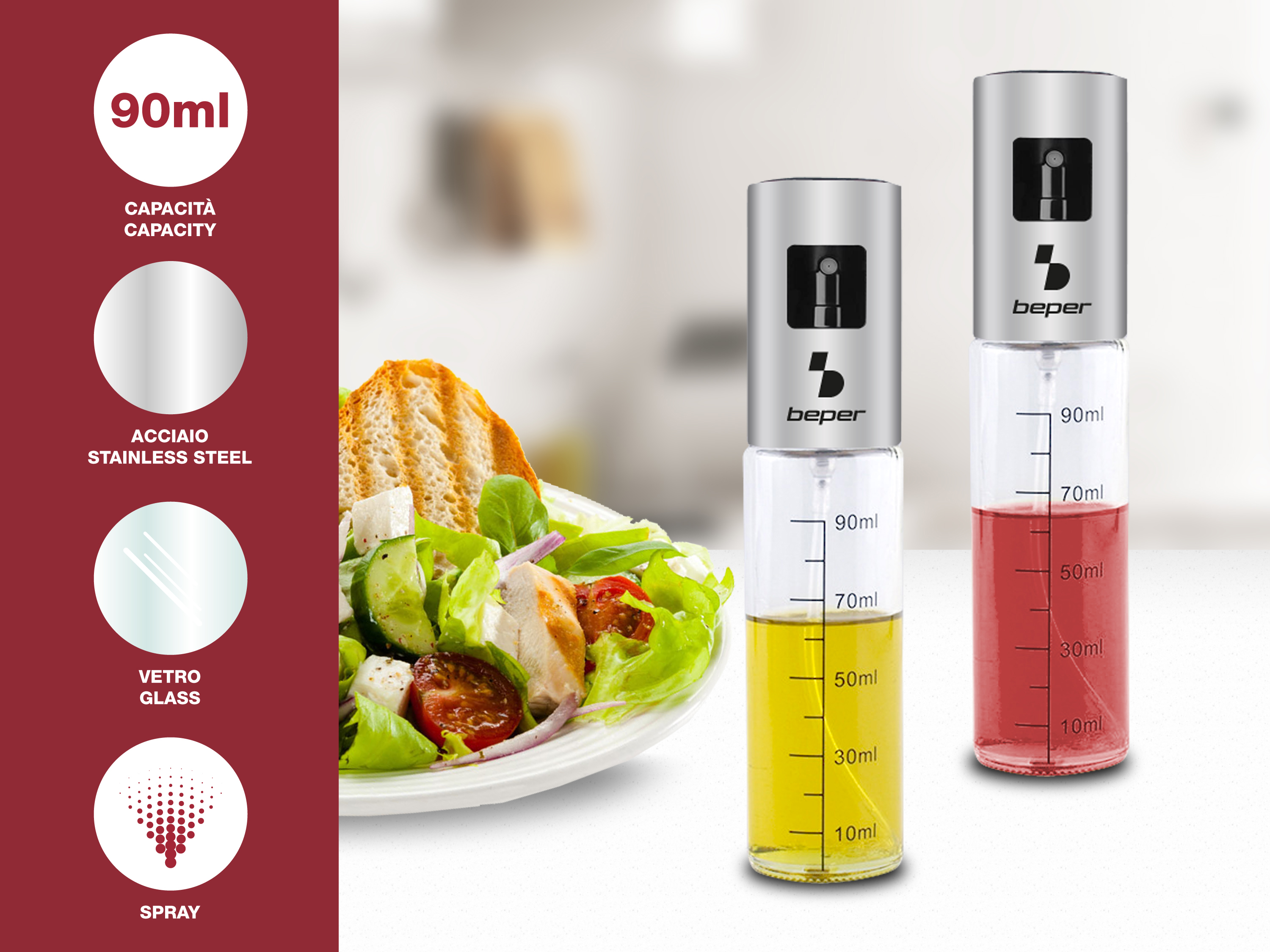 Due flaconi spray Beper, uno con olio, uno con liquido rosso. Insalata e toast a sinistra.