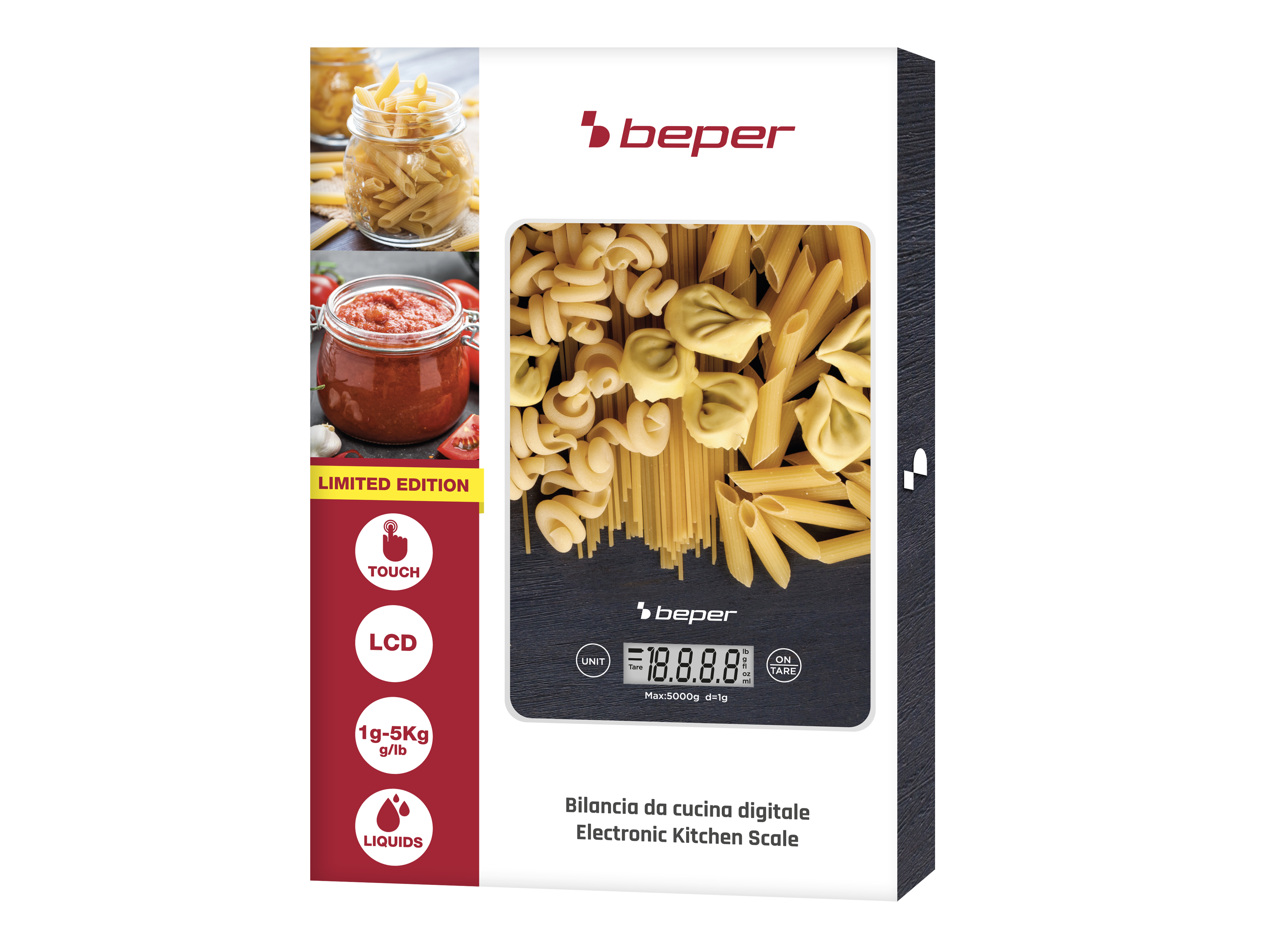 Una scatola per bilancia da cucina con immagini di pasta, un barattolo di salsa e un display digitale.