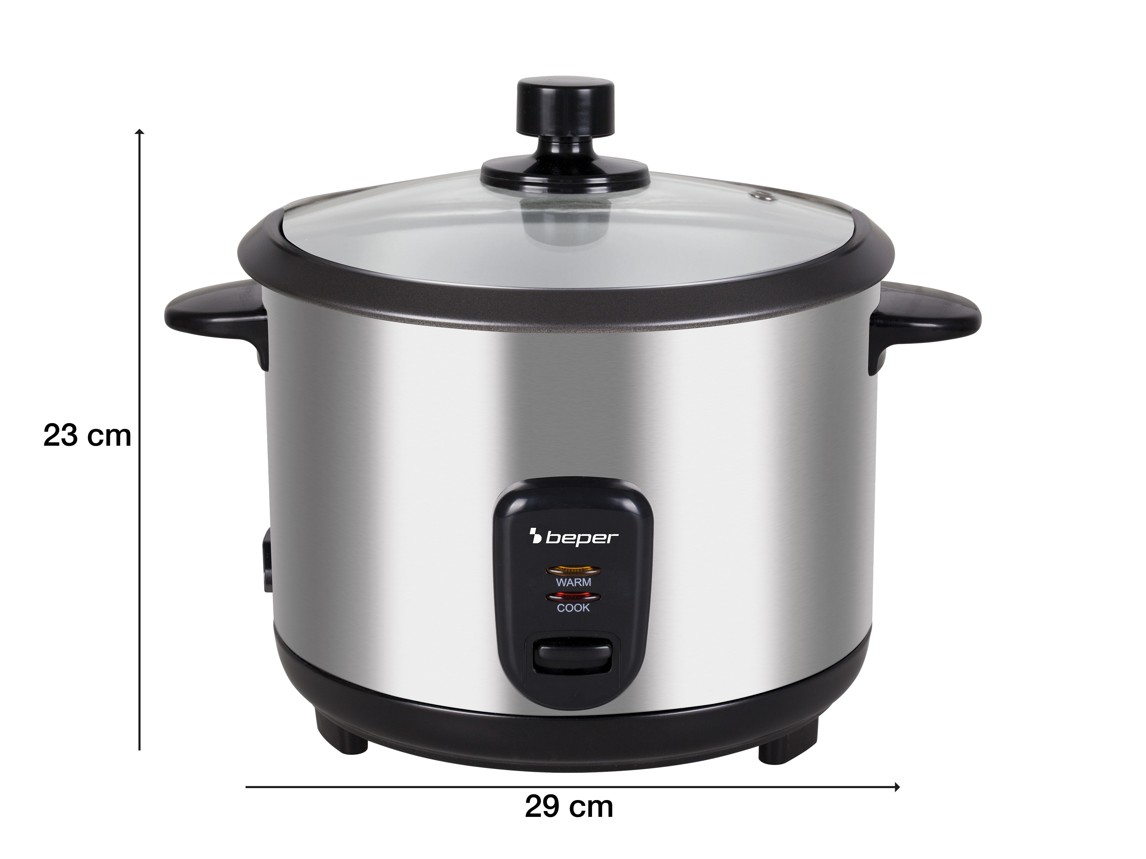 Cuociriso argentato con coperchio in vetro. Manici e base neri. Dimensioni: 23 cm di altezza, 29 cm di larghezza.