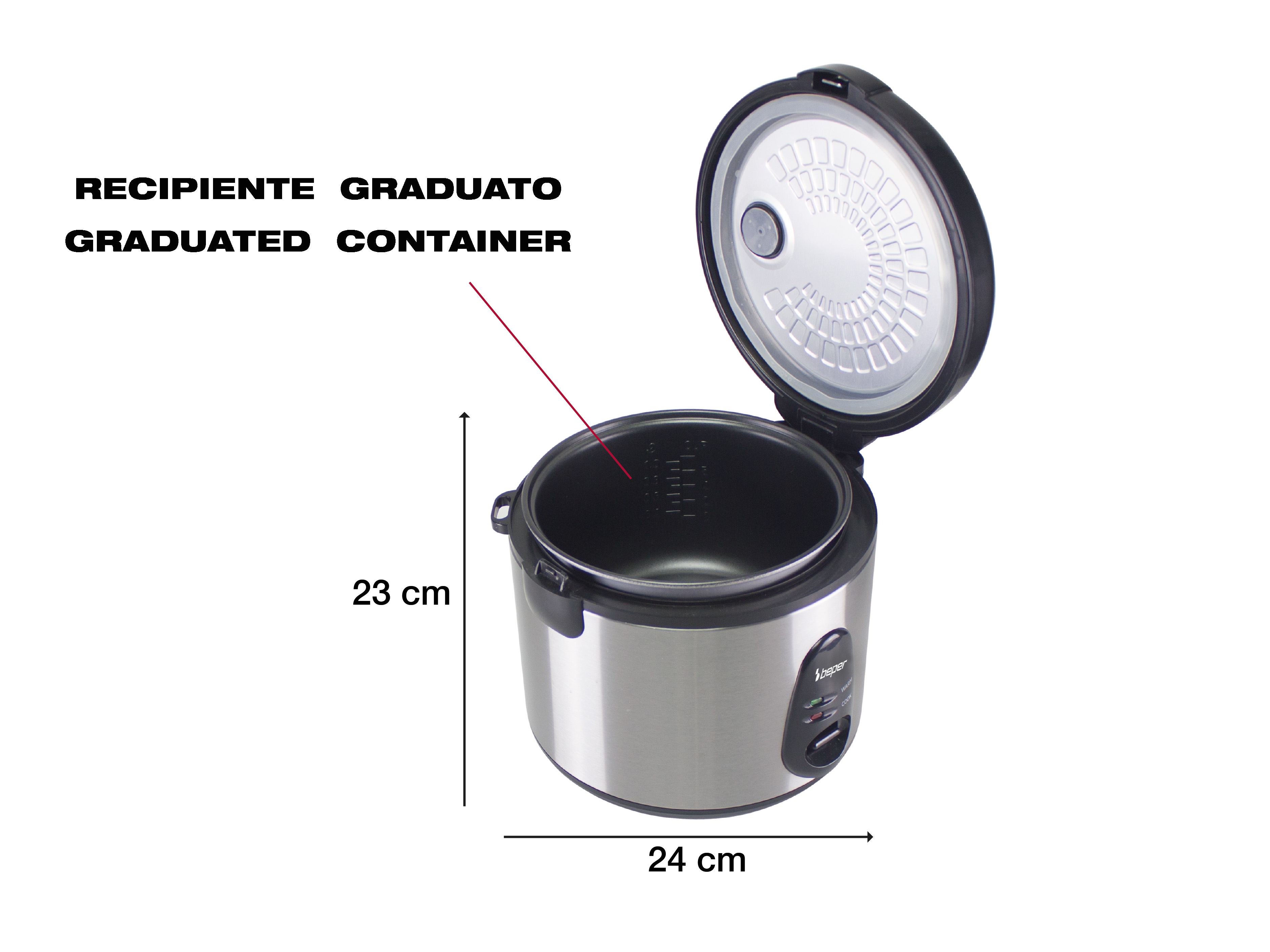 Una cuociriso con coperchio aperto, che mostra il contenitore graduato all'interno. Le dimensioni sono 23 cm di altezza e 24 cm di larghezza.