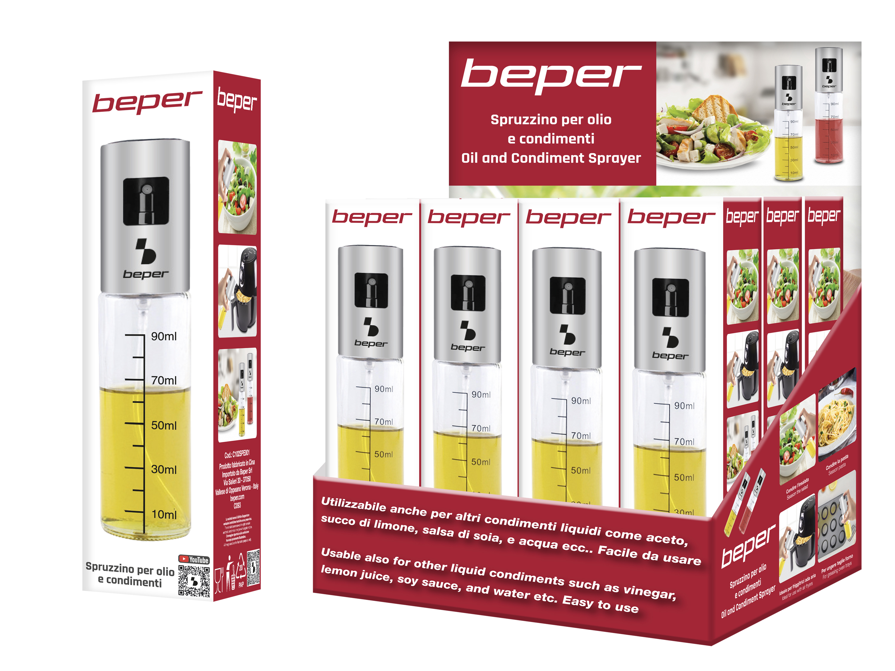 Esposizione del prodotto con spray per olio. Include testo e immagini di cibo e l'uso del prodotto.